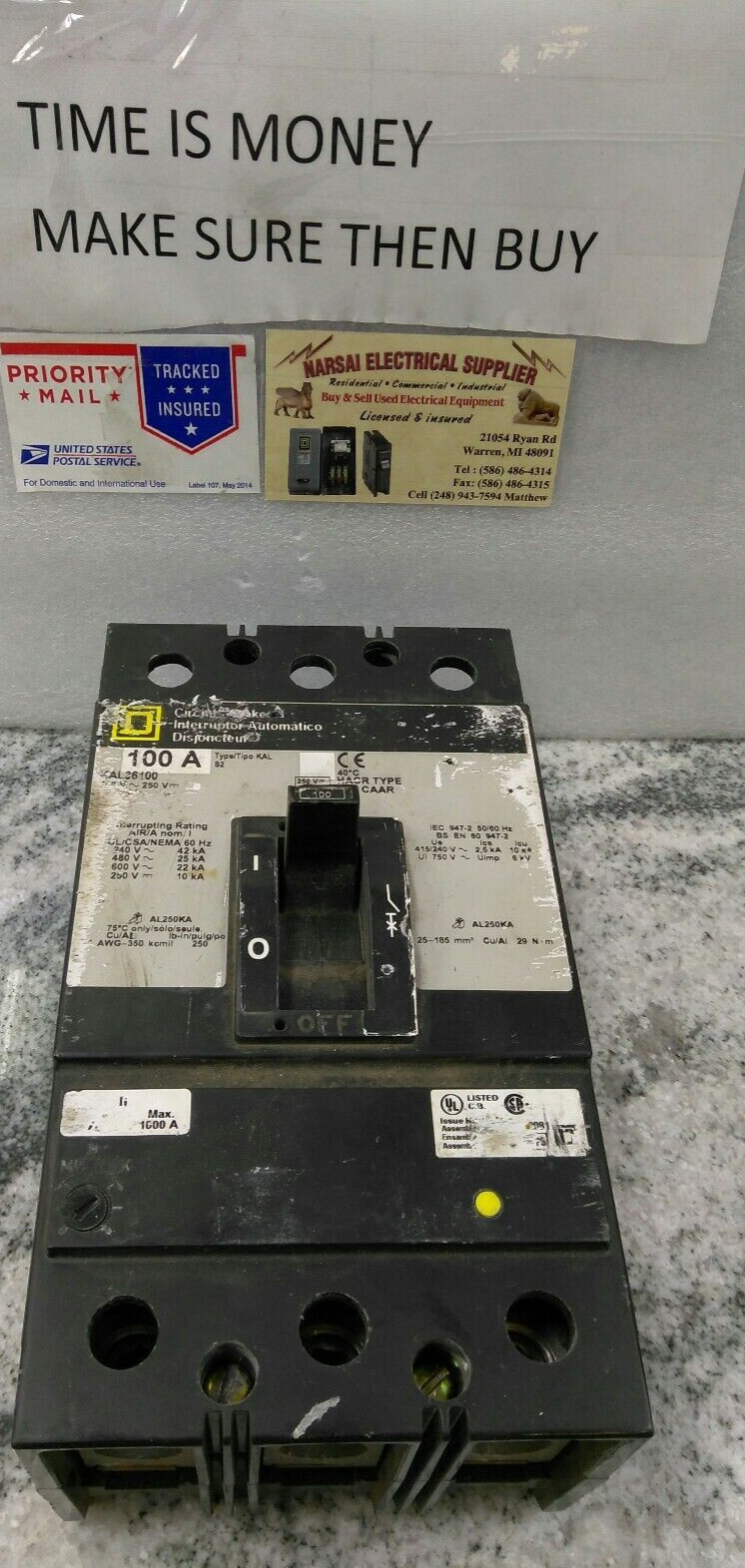 SQUARE D KAL36100 3P 600VA/250VD 100A AL250KA TYPE KAL Breaker/USE(33D3