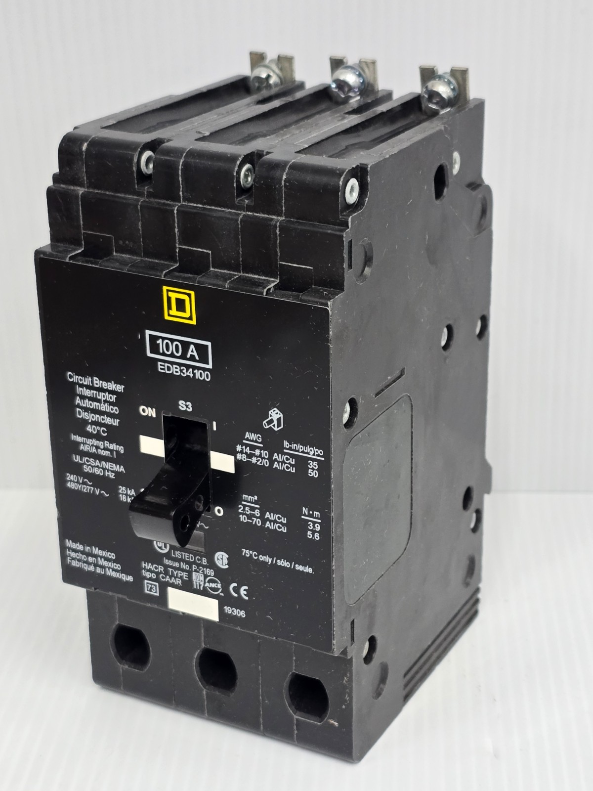 New Square D 100 Amp Bolt-On Circuit Breaker 480Y/277 VAC 3 Pole 25 kA EDB34100