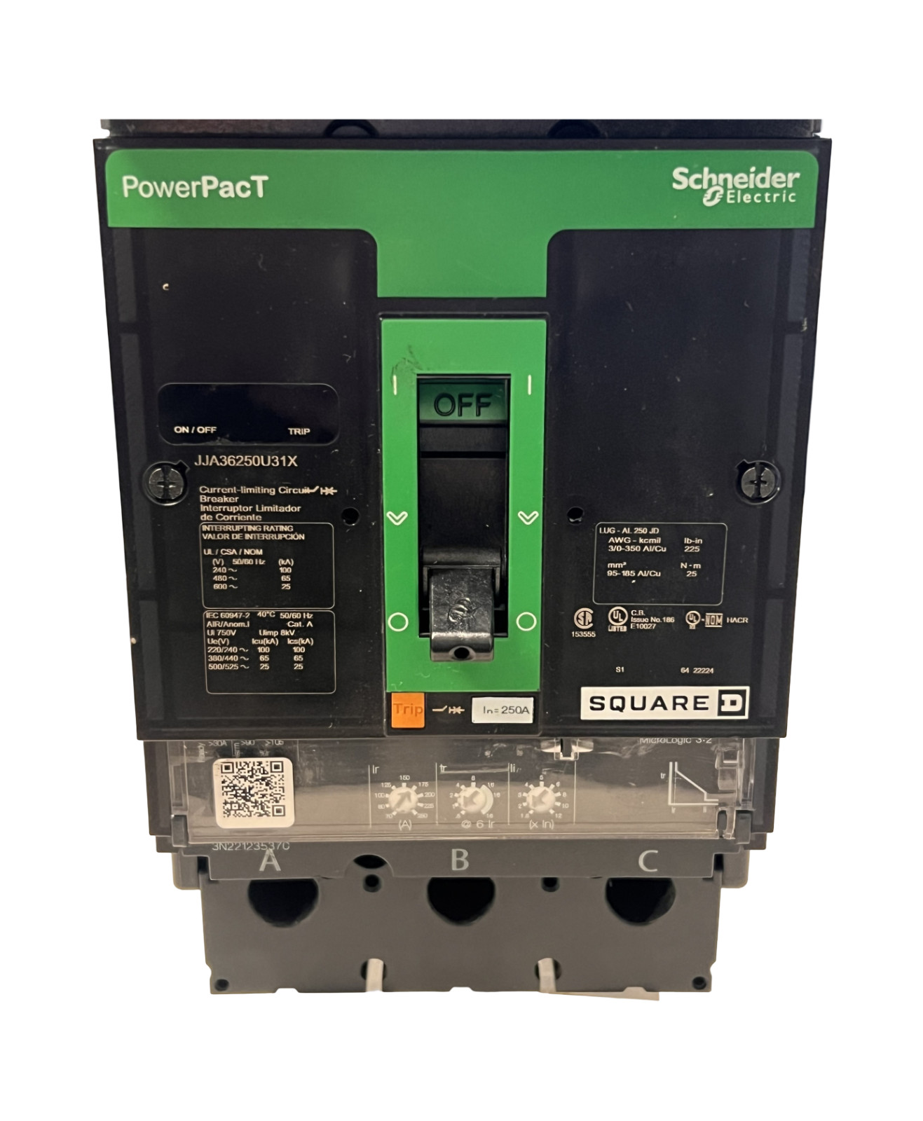 Square D PowerPacT J 250A 3P 600V 25kA I-Line Breaker Micrologic 3.2 80% ABC