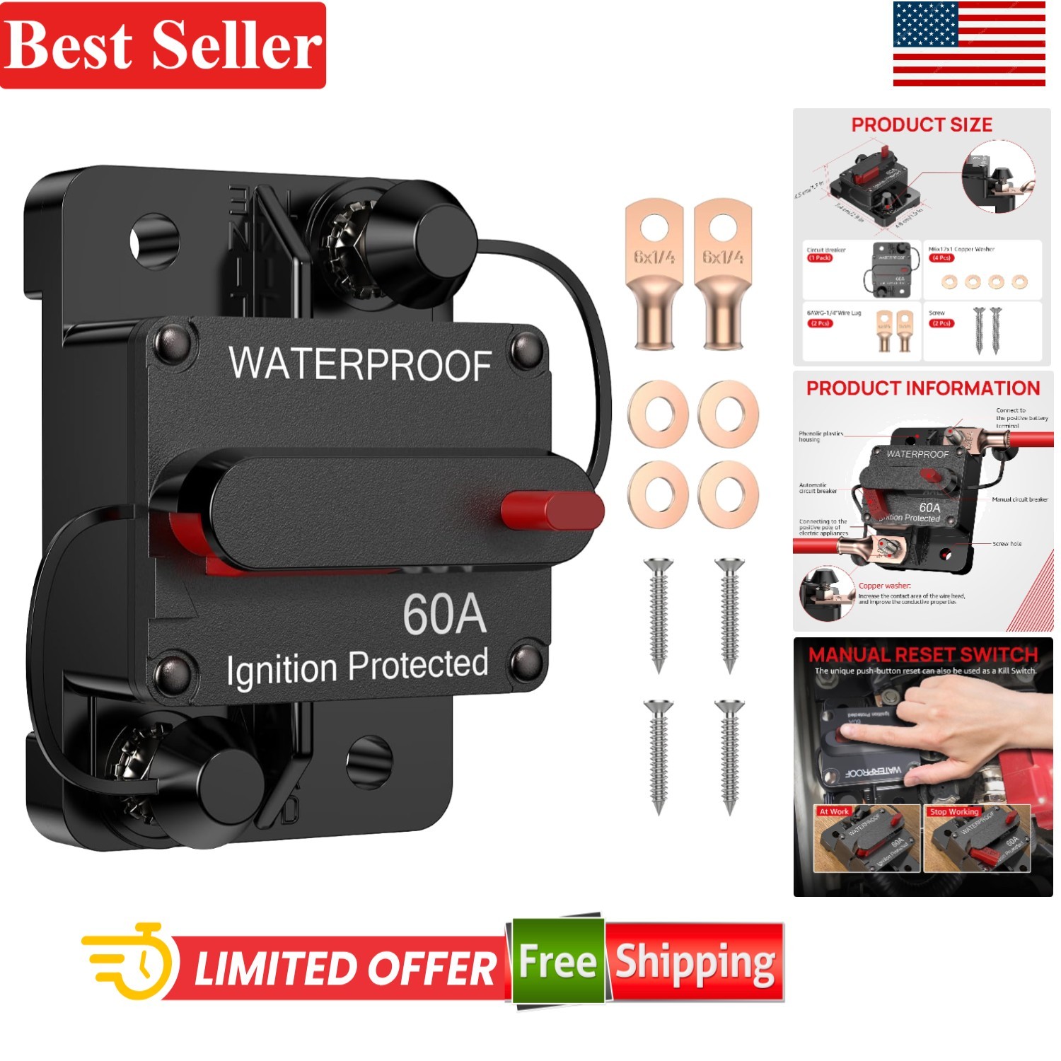 60 Amp Circuit Breaker Waterproof Manual Reset Switch Marine ATV Trailer 12V-48V