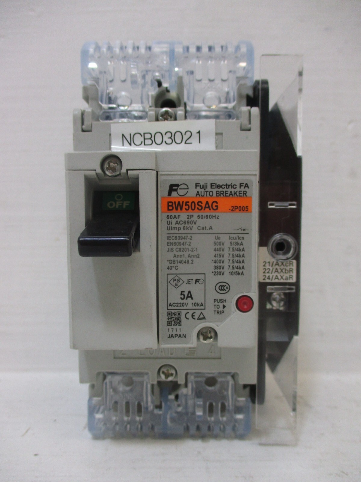 Fuji Electric BW50SAG-2P005 5 Amp FA Auto Breaker 2-Pole 5A 690VAC