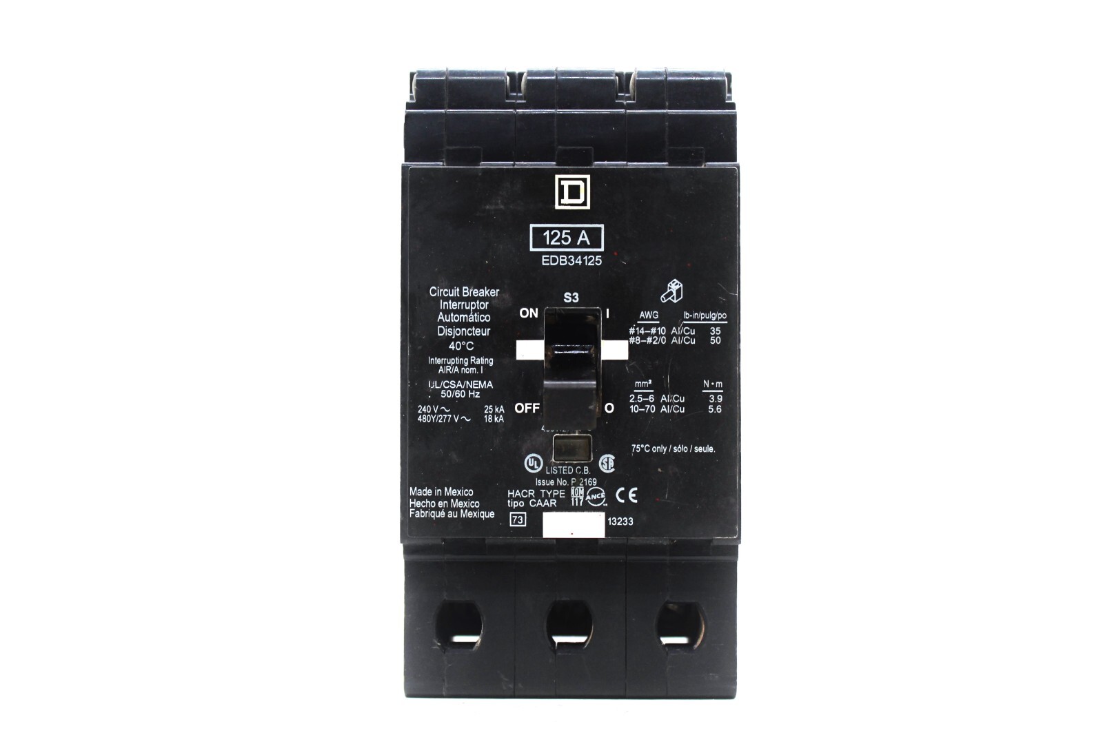 SQUARE D CIRCUIT BREAKER EDB34125 – 125 AMP 3 POLES