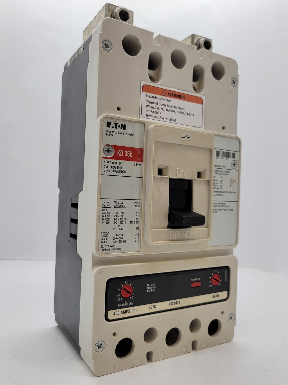 Eaton KD2400F Bolt-On Circuit Breaker 400A 2P 480V 1PH KD35K 400A KT2400T Trip