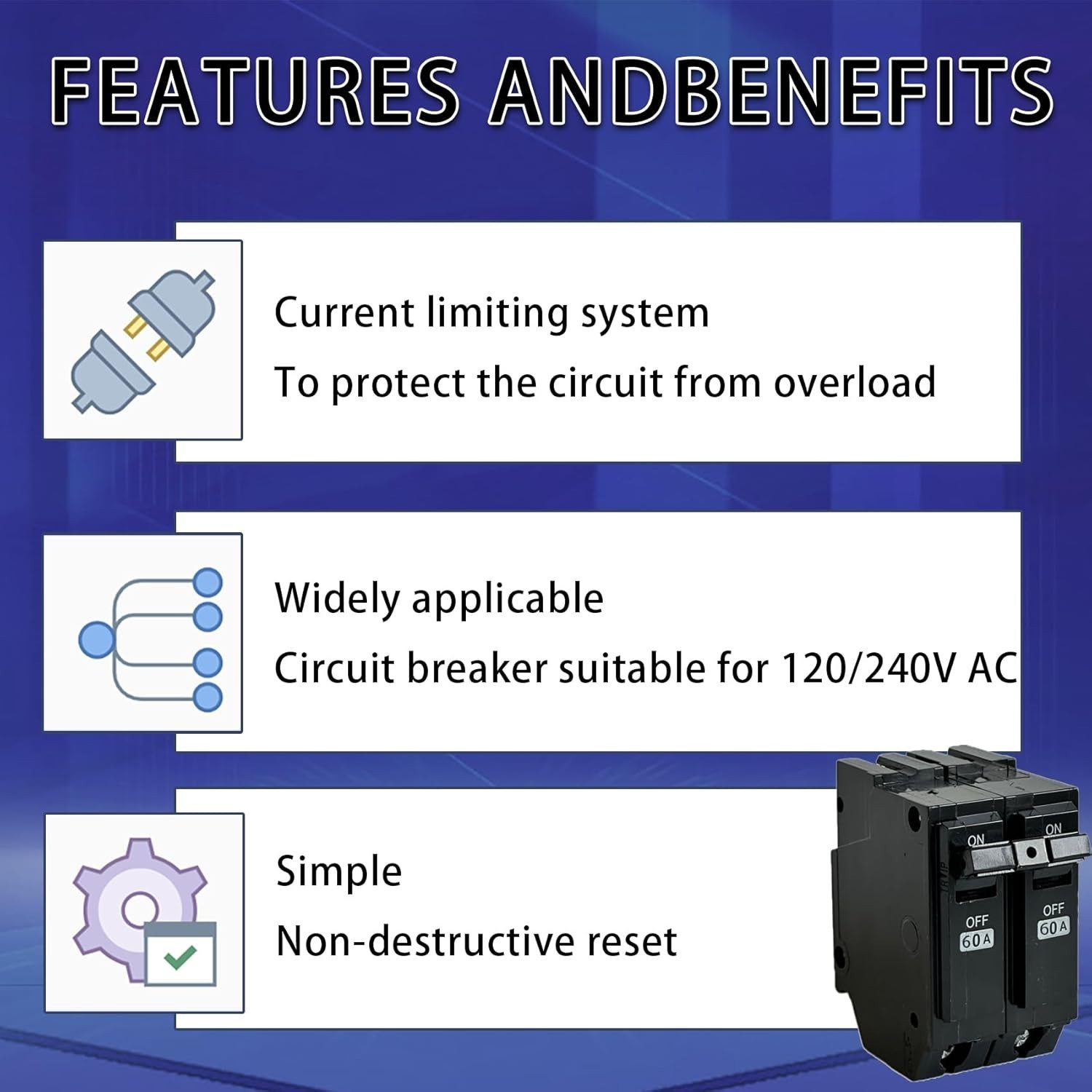General Electric Compatible Circuit Breaker 60A-2 Poles with Thermal Protection