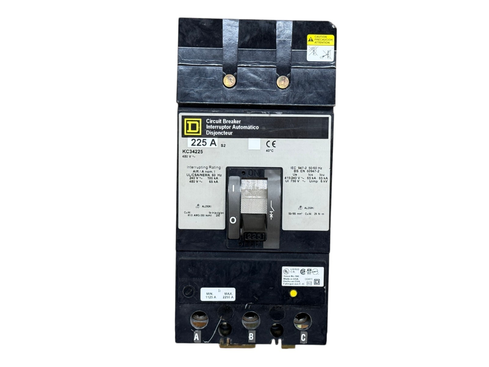 SQUARE D KC34225 225A 3-PHASE 3-POLE 480V K-FRAME I-LINE CIRCUIT BREAKER