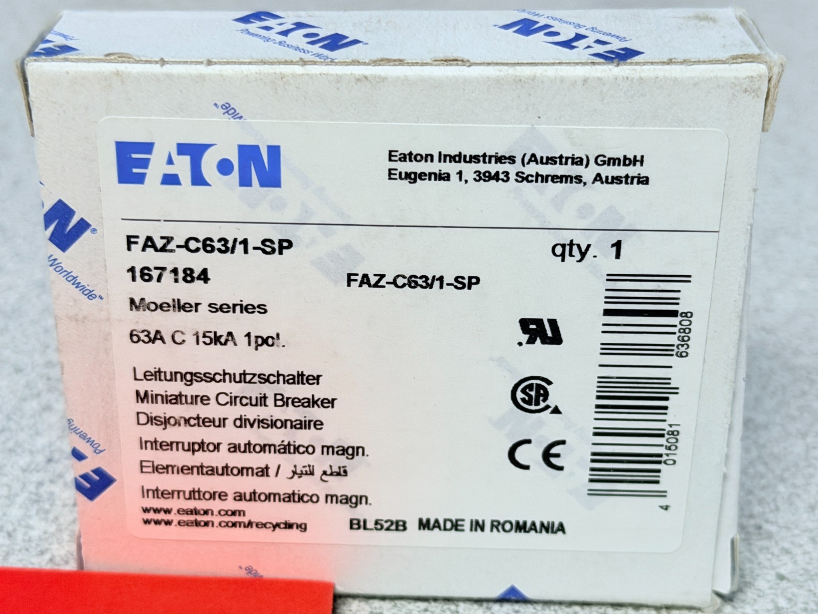 NEW Eaton FAZ-C63/1-SP Circuit Breaker, 167184, 1 Pole, 63A, 277 VAC/48 VDC