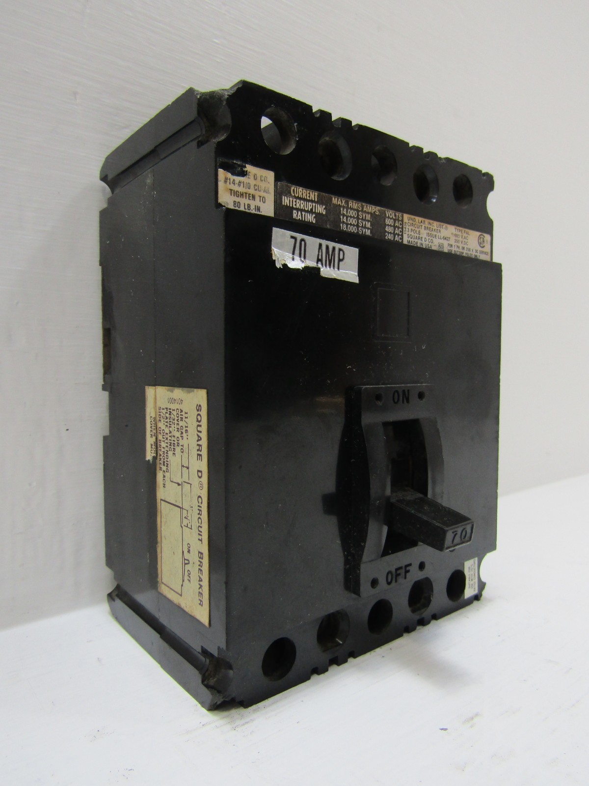 Square D FAL-36070 70 Amp 600V 3-Pole Circuit Breaker 70A 600 VAC Chipped