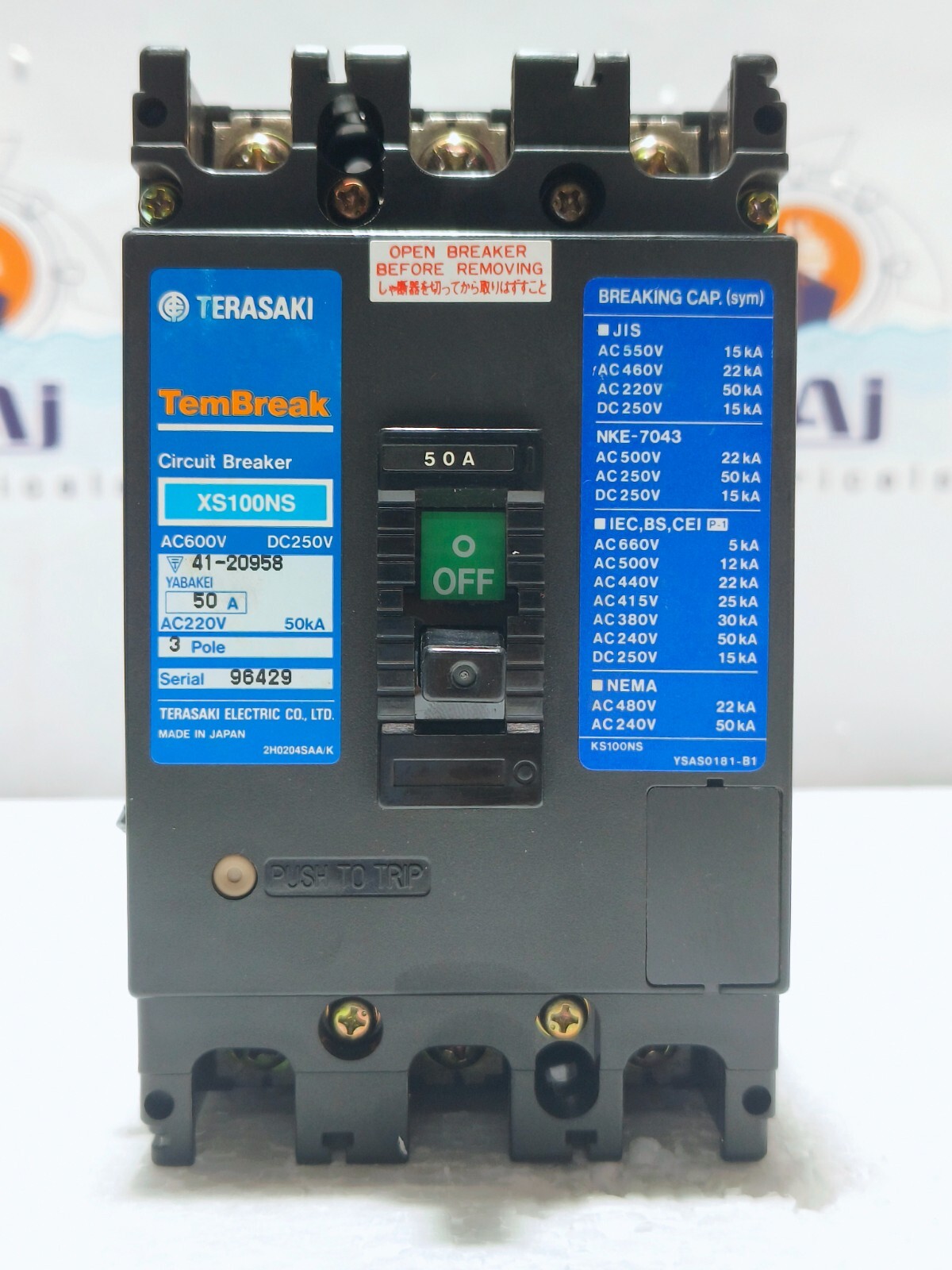 TERASAKI XS100NS, 50 A, CIRCUIT BREAKER AC200-480V MCCB 3P (Free Shipping)