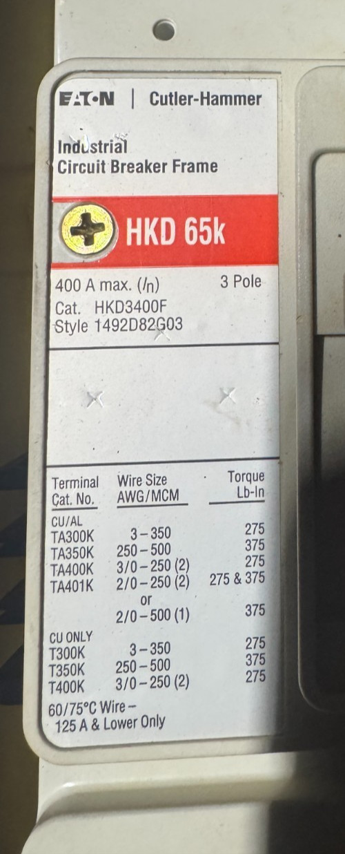 Eaton HKD3400F 400 Amp Circuit Breaker HKD 65k 3-Pole 600VAC w/ KES3400LSI Trip