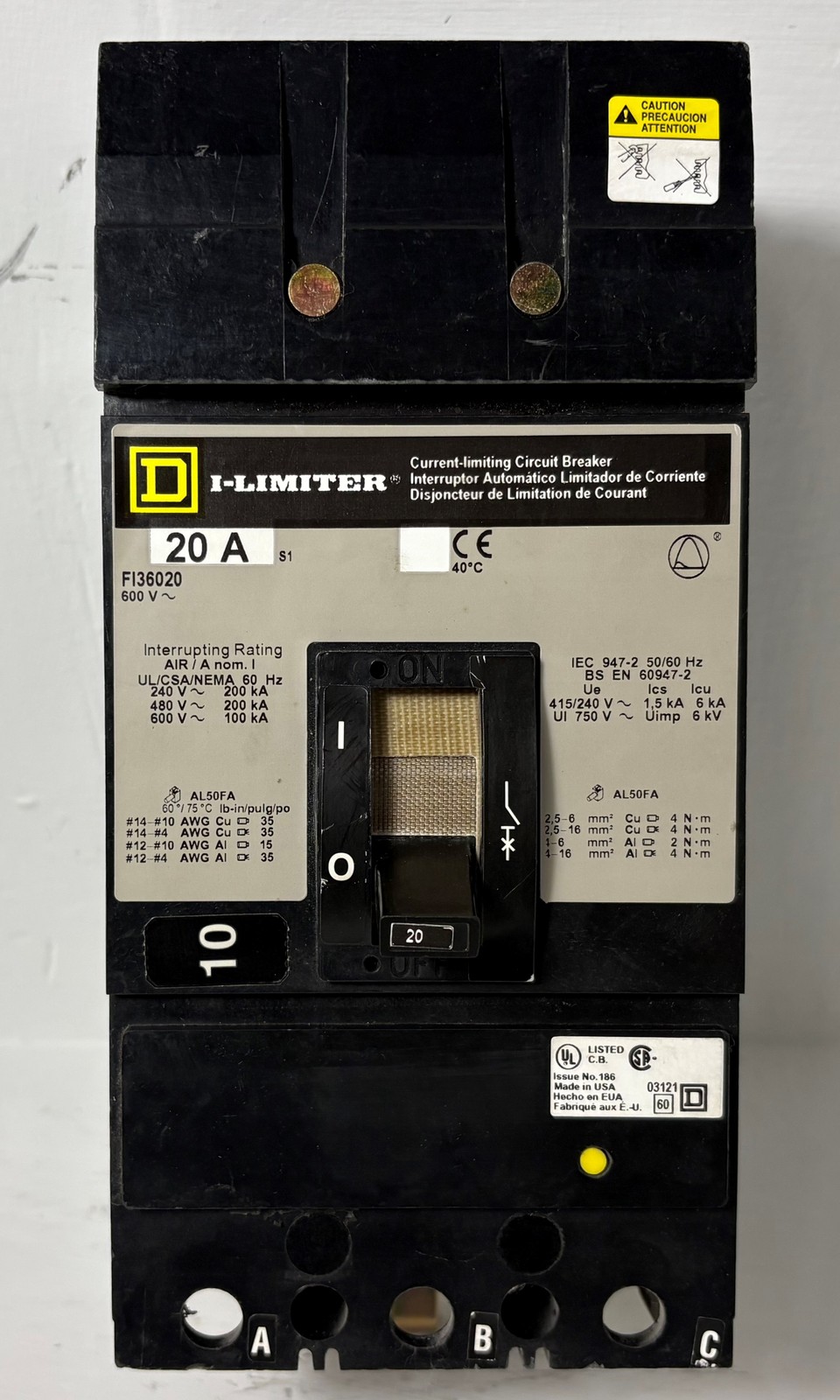 Square D I-Line FI36020 20A I-Limiter Circuit Breaker 480/600V 3 Pole 20 Amp