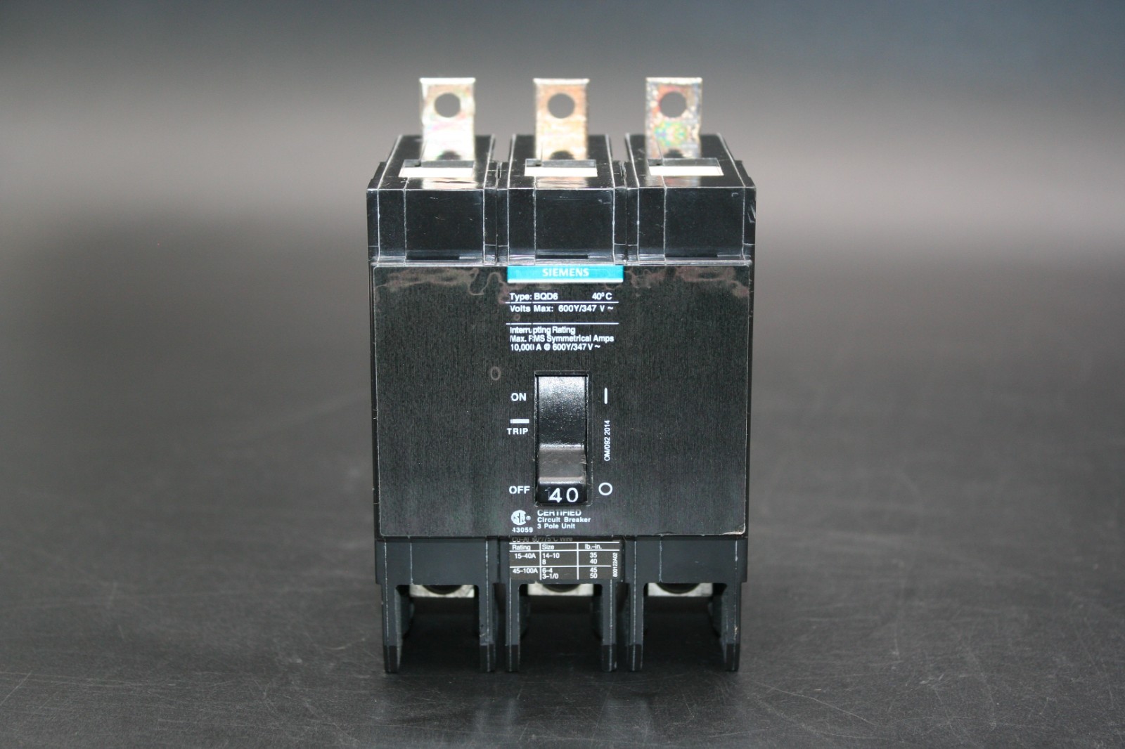 One (1) Siemens BQD6/BQD6340 Circuit Breaker 40 Amp, 3-Pole, 600Y/347 V Mexico