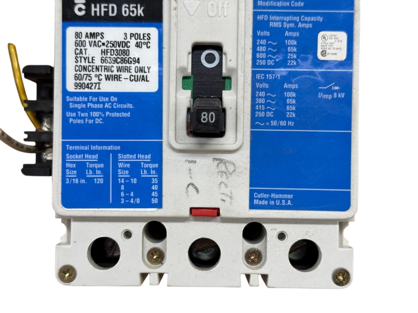 EATON HFD3080 80A 3-POLE 600V SERIES C F-FRAME 65KA@480V CIRCUIT BREAKER