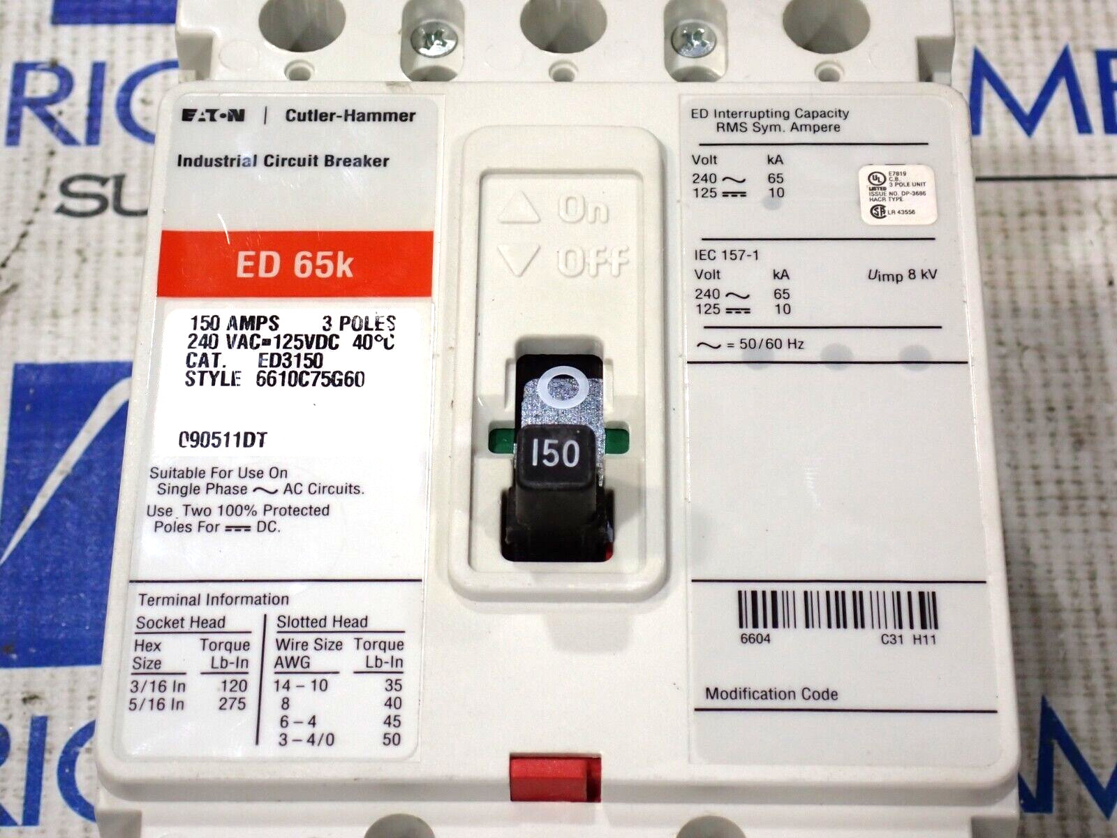 Eaton Cutler Hammer ED3150 3 Pole 150 Amp 240 Volt 65kA Circuit Breaker Tested