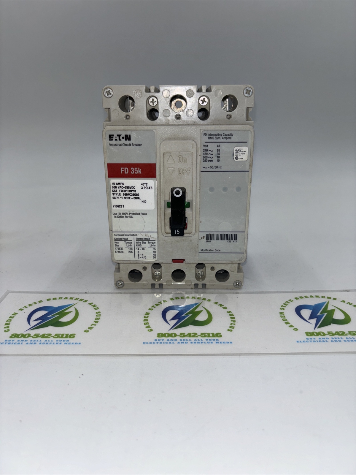 EATON FD3015 15 Amp 600 Vac 3 Pole FD 35k Circuit Breaker- FD3015BP10