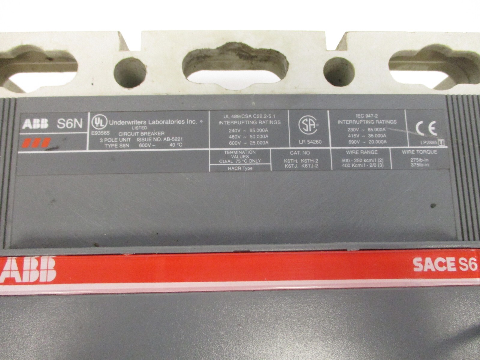 ABB CIRCUIT BREAKER USED MOLDED CASE S6N SACE S6 3 POLE UNIT AB-5221