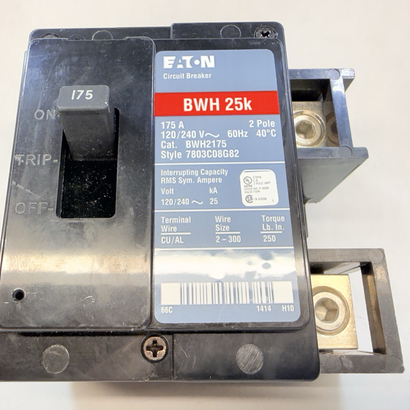 NEW Eaton BWH2175 Main Circuit Breaker, 175A, 120/240V, 2-Pole