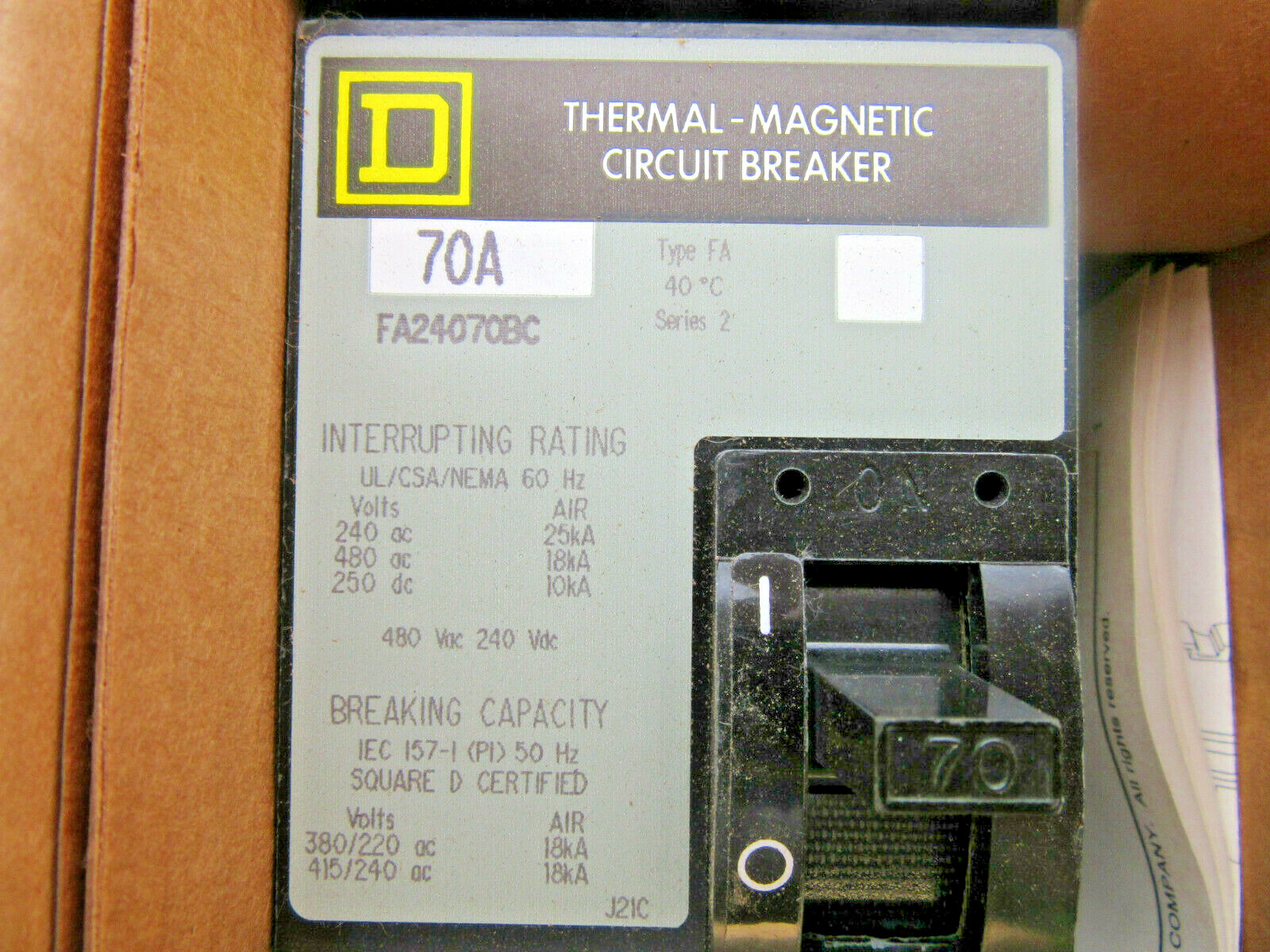 New Square D 70 Amp 2P FA24070 BC Circuit Breaker I Line Bolt on