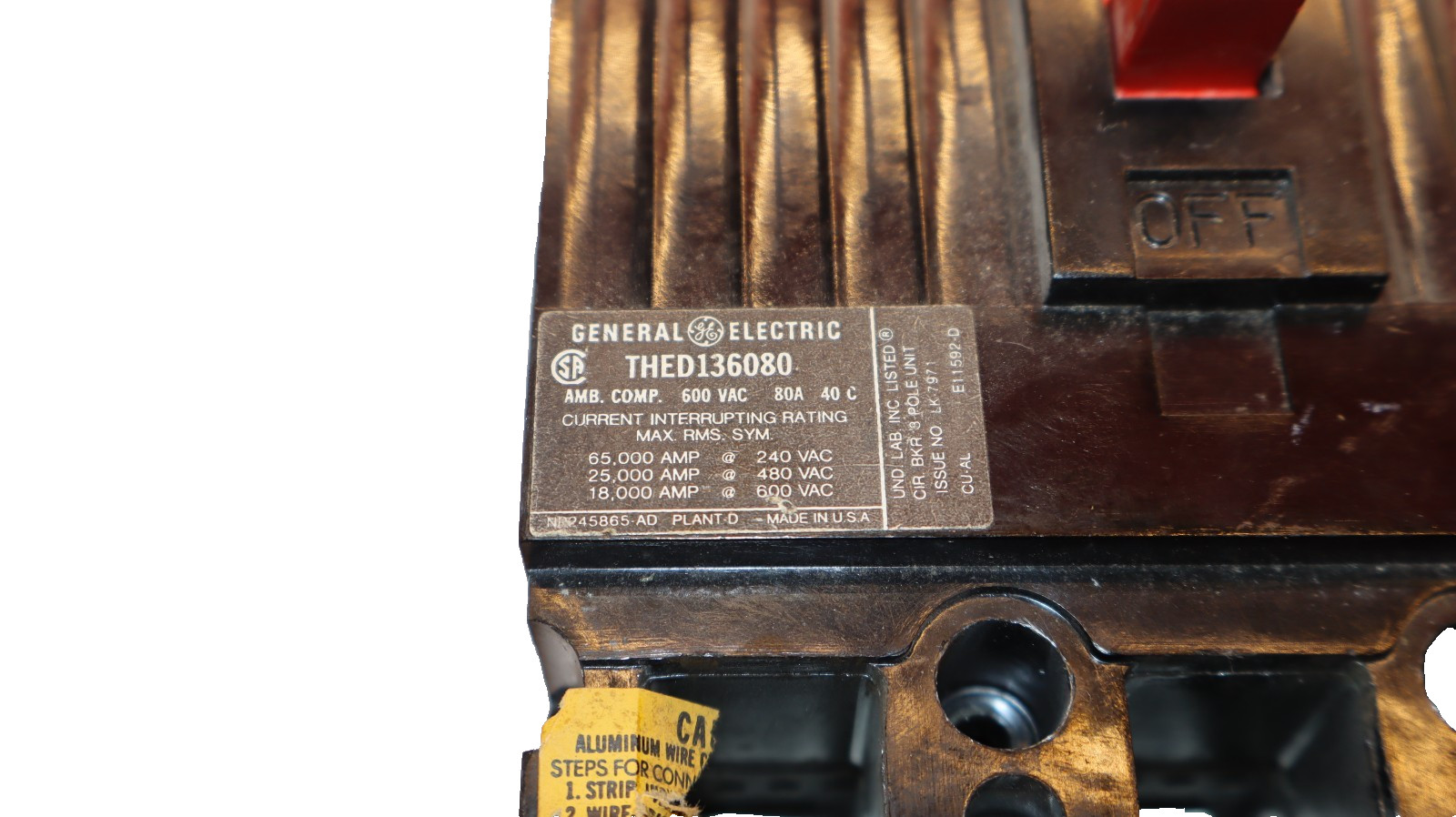 GE 80A 80 Amp Circuit Breaker THED136080 600V 3-Pole General Electric