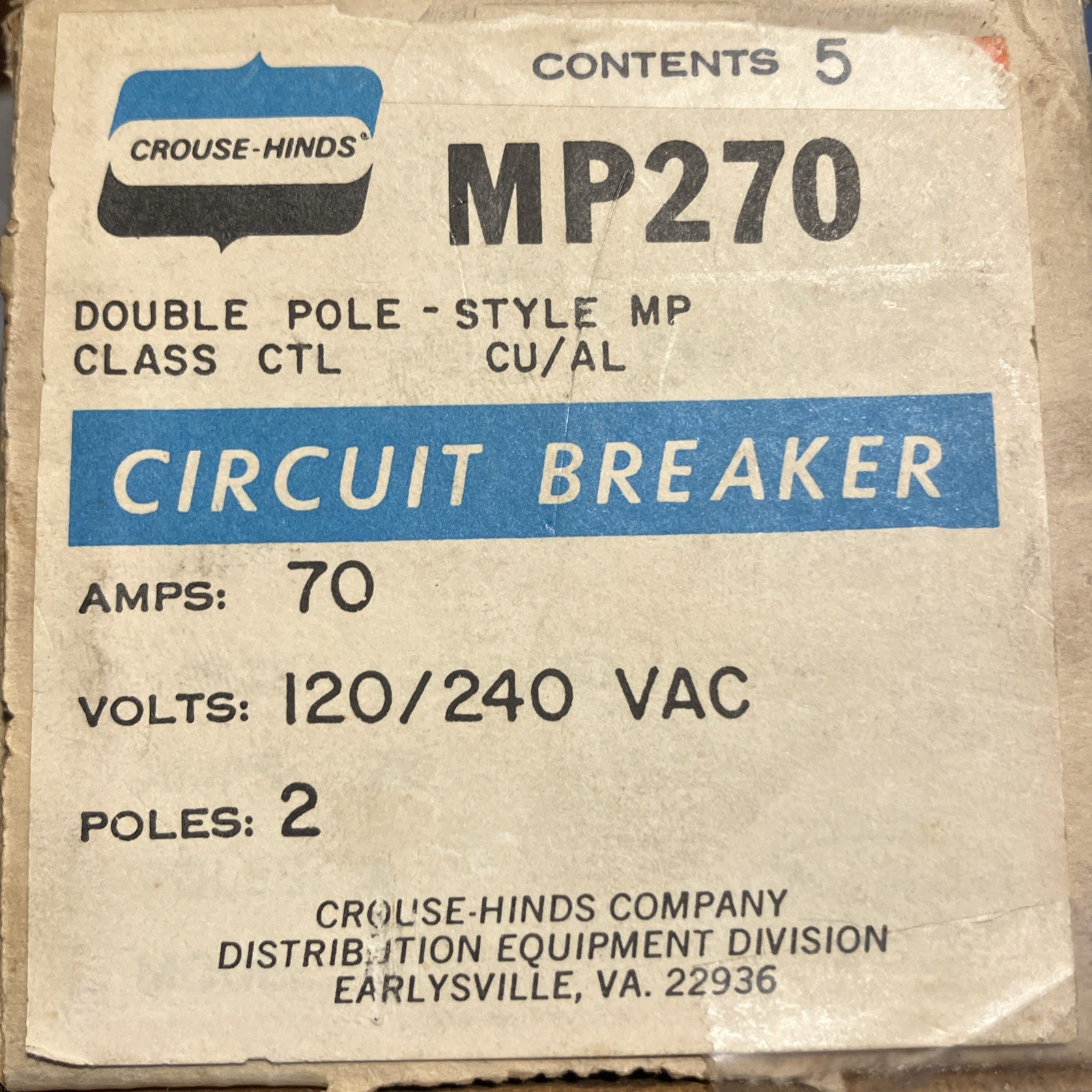 Crouse Hinds Murray MP270 Circuit Breaker 2 Pole 70 Amp Plug In Old Style NEW!!