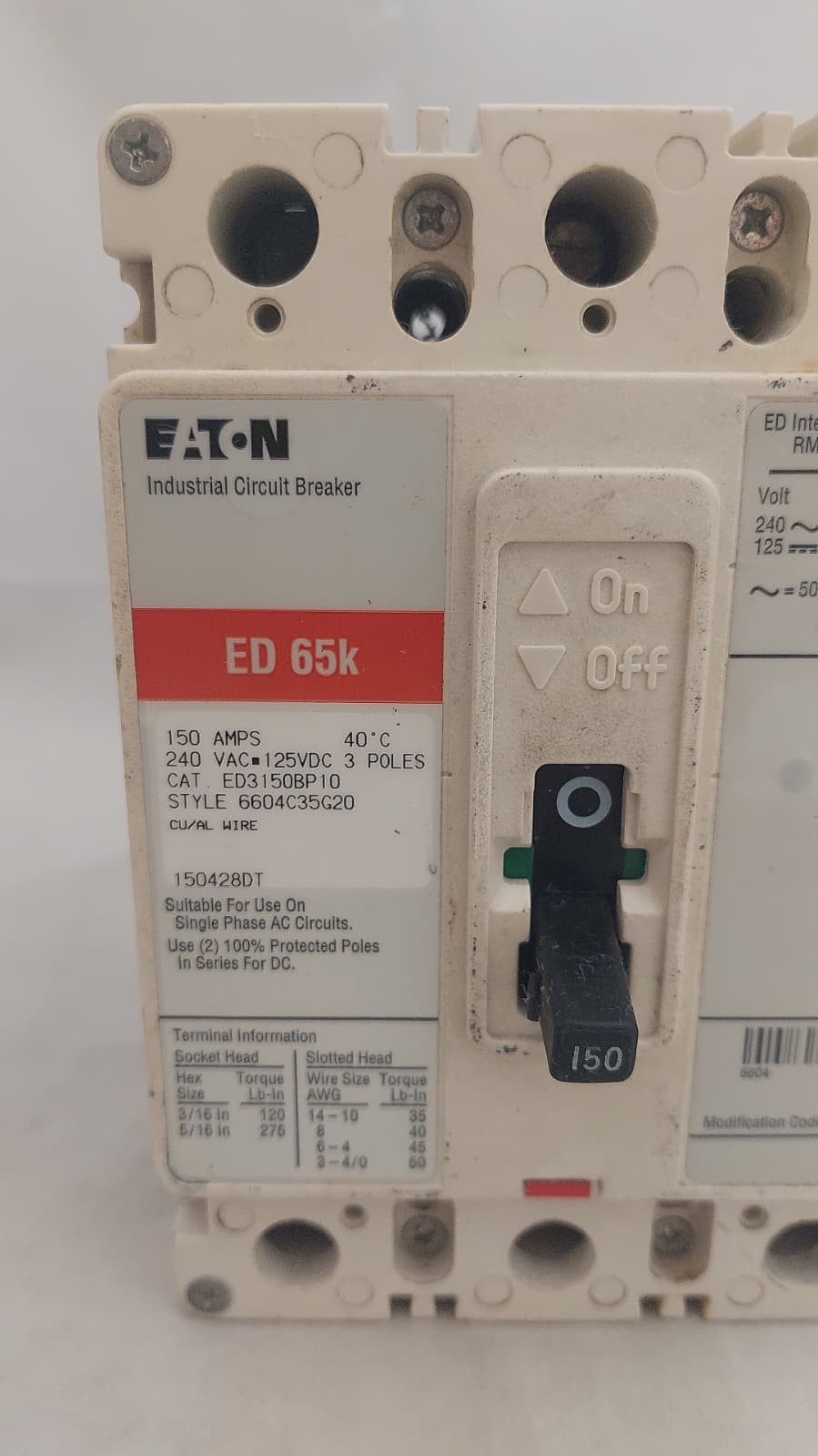 EATON ED3150BP10 CIRCUIT BREAKER 150A 3P 240V