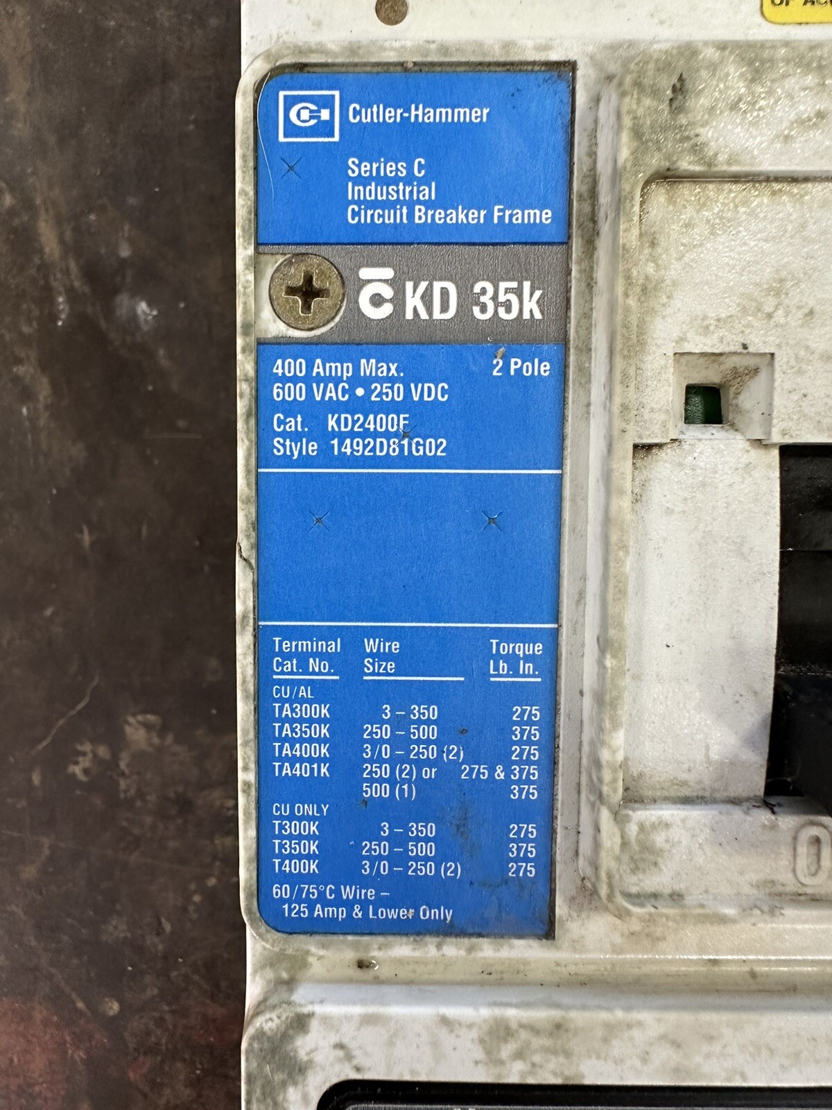 Cutler Hammer KD2400F Circuit Breaker Series C 400A 600VAC 2 Pole 200A Trip