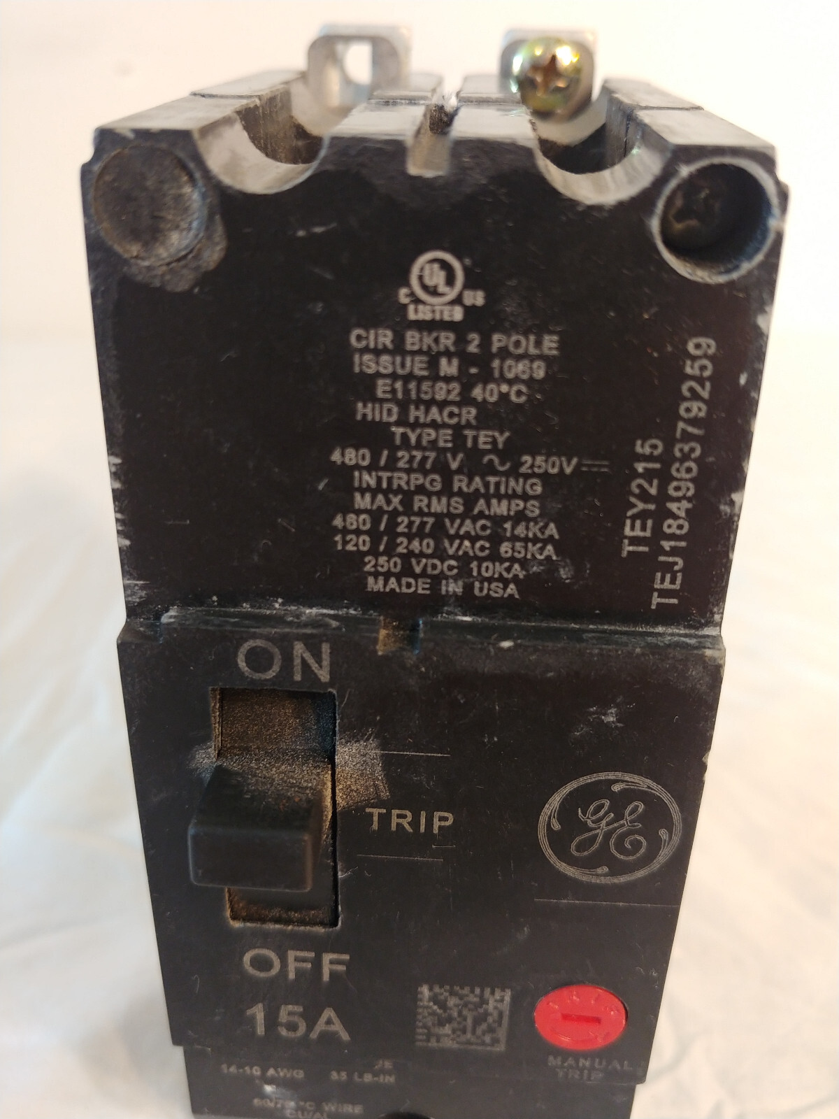 Ge Tey215 Molded Case Circuit Breaker, 15 A, 277/480V Ac, 2 Pole, Bolt On
