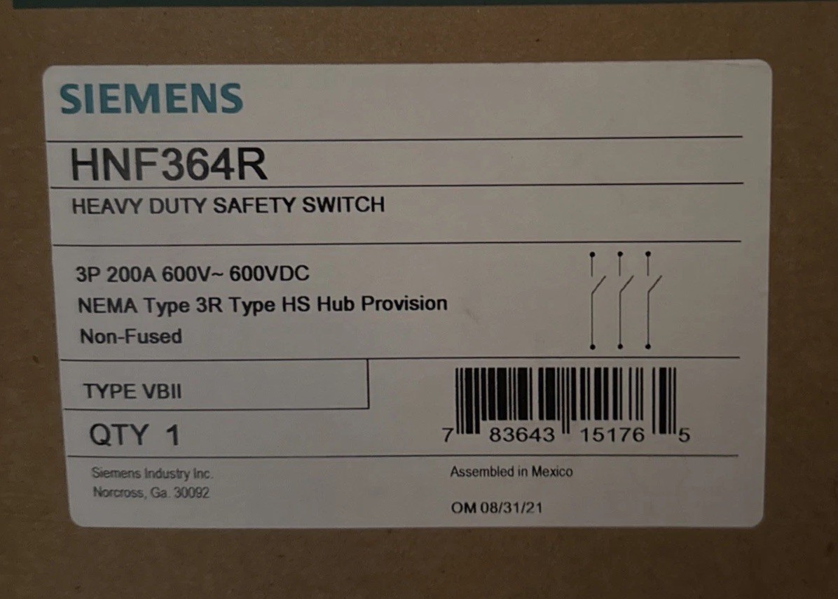 Siemens HNF364R Outdoor Heavy Duty 200A Safety Switch Disconnect New