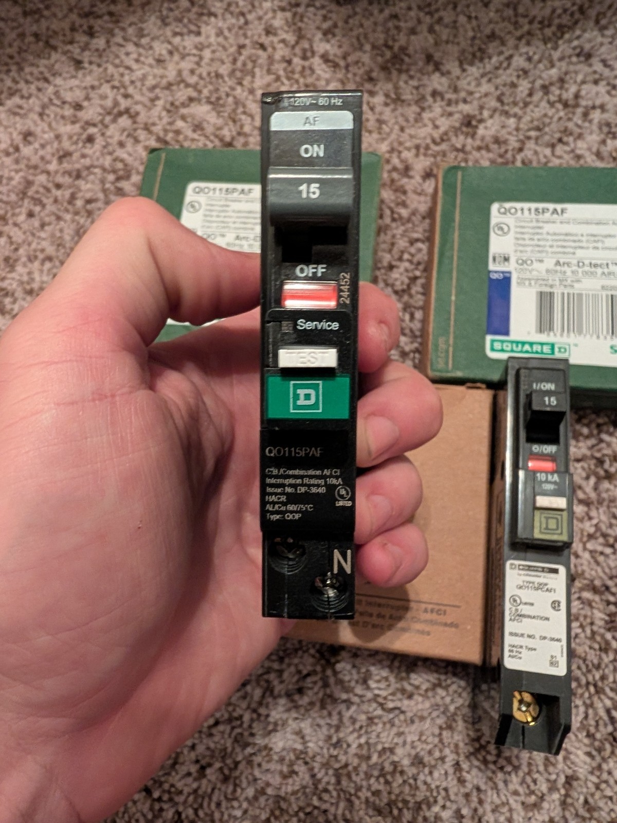 Square D- QO115PAF 15A 1-Pole AFCI Arc-Fault Plug-On Neutral Circuit Breaker NEW