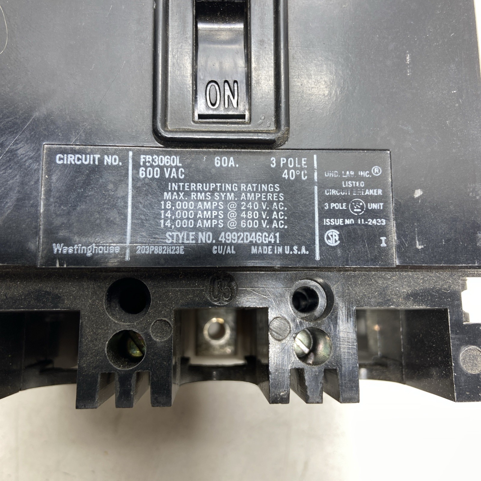 Westinghouse FB3060L 3-Pole Circuit Breaker, 600VAC/250VDC 60Amp