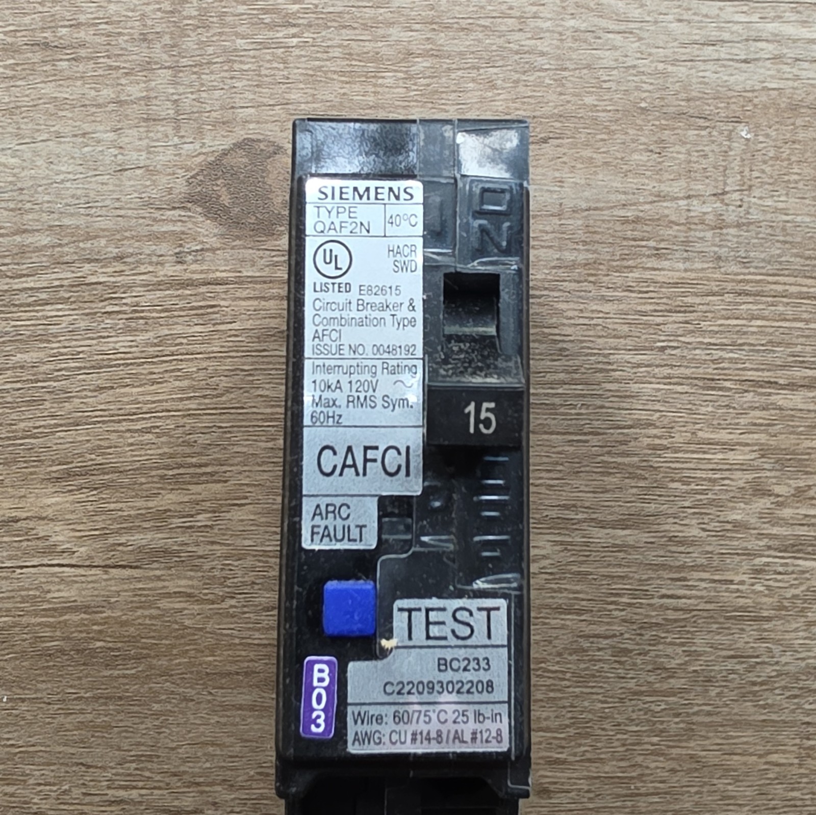 Siemens QA115AFCN 15A 120V 1-Pole Combination AFCI Breaker w/ Test Button