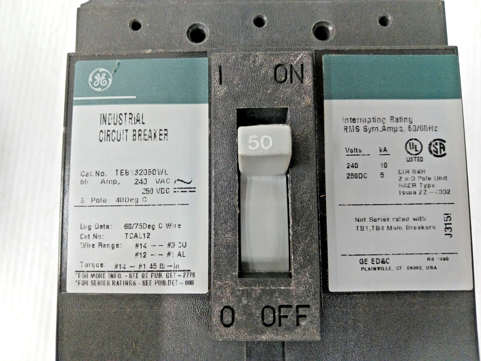 GE 50 Amp Industrial Circuit Breaker 3 Pole 240 VAC / 250 VDC 10kA TEB132050WL
