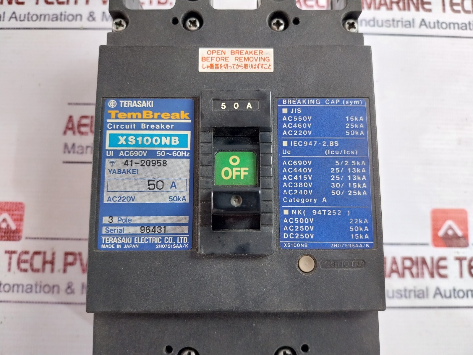 TERASAKI XS100NB Circuit Breaker 50A UI AC690V 50~60HZ