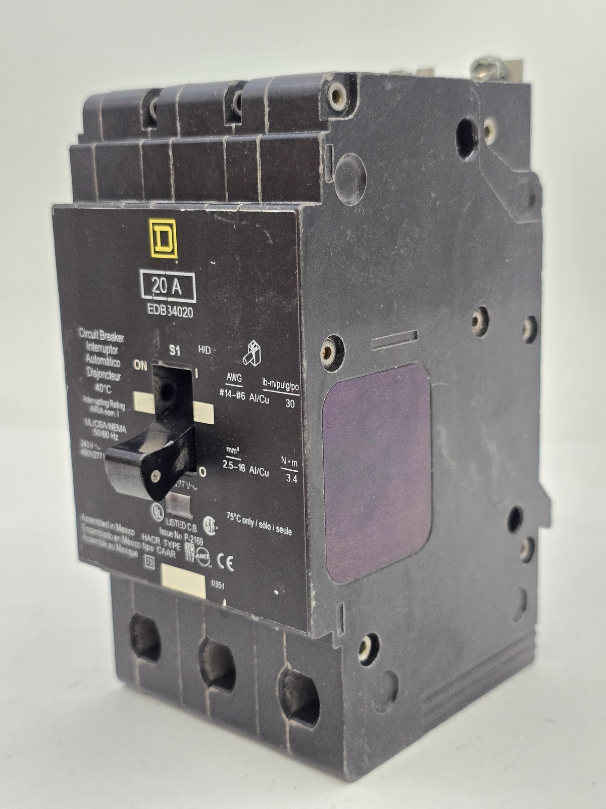 Square D EDB34020 Bolt-On Circuit Breaker 20A 3P 480Y/277V EDB
