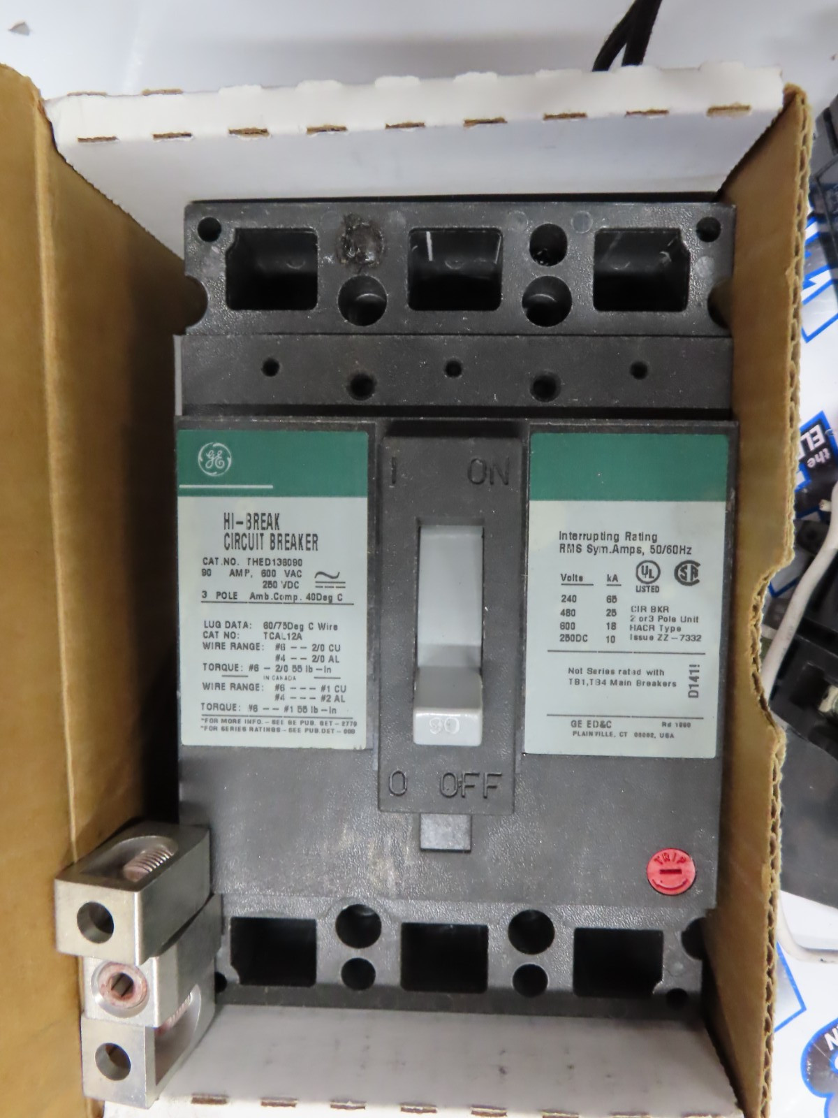 GE THED136090 Circuit Breaker 90 Amp 600 Volt 3 Pole Green Label 25K -NEW-S