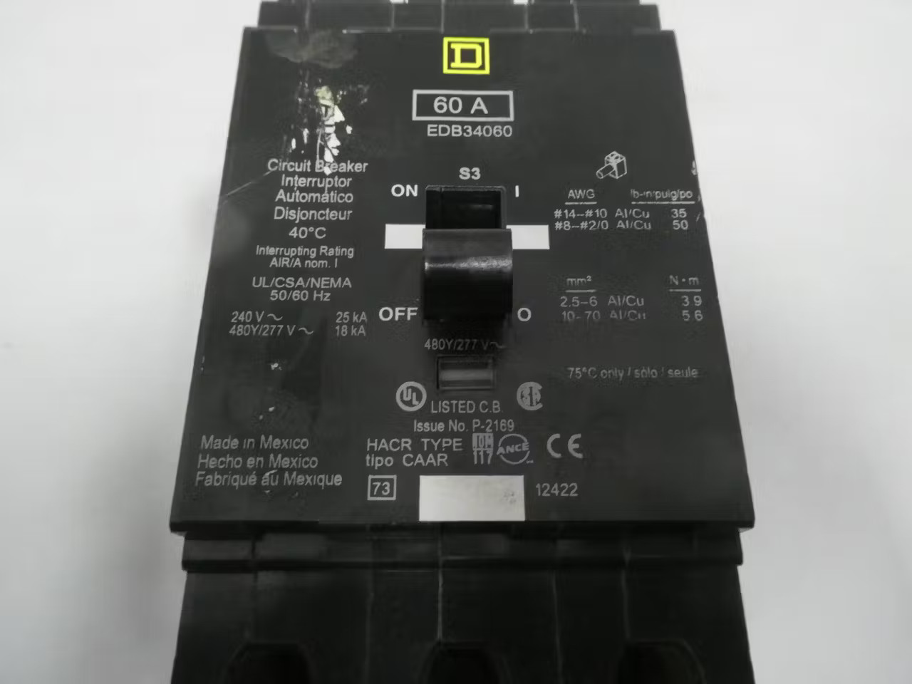 Square D EDB34060 Molded Case Circuit Breaker 3p 60a Amp 240/480v-ac