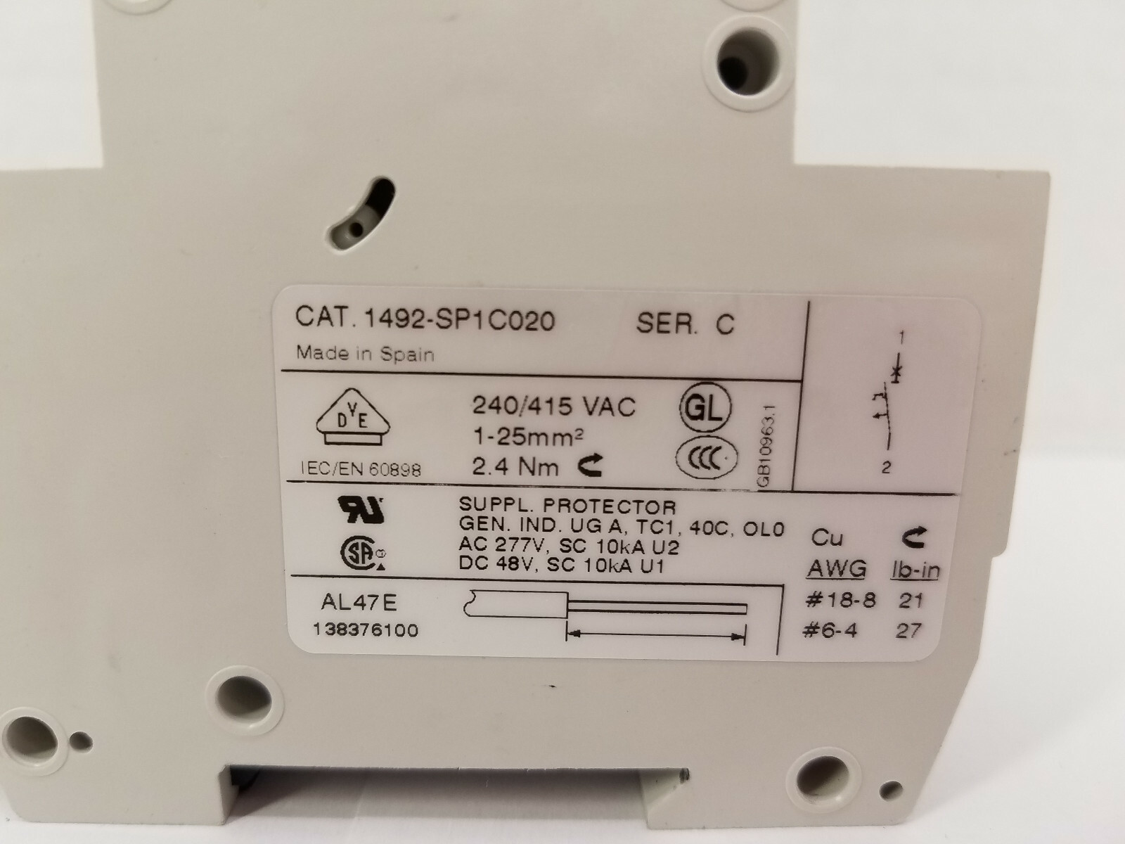 (Lot of 3) Allen Bradley 1492-SP1C020 Ser. C (2 Amp) Miniature Circuit Breakers