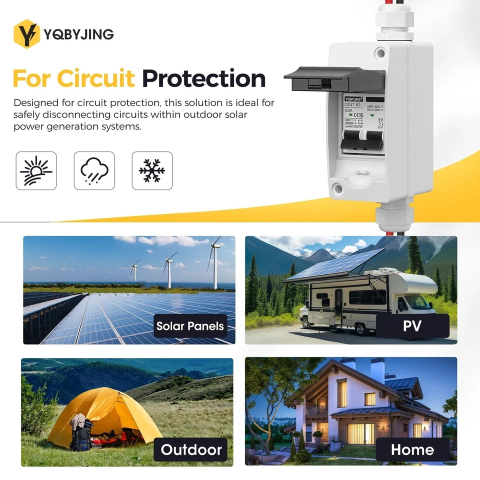 Solar Panel Disconnect Switch 63Amp DC AC Miniature Circuit Breaker 500V 2 Po…