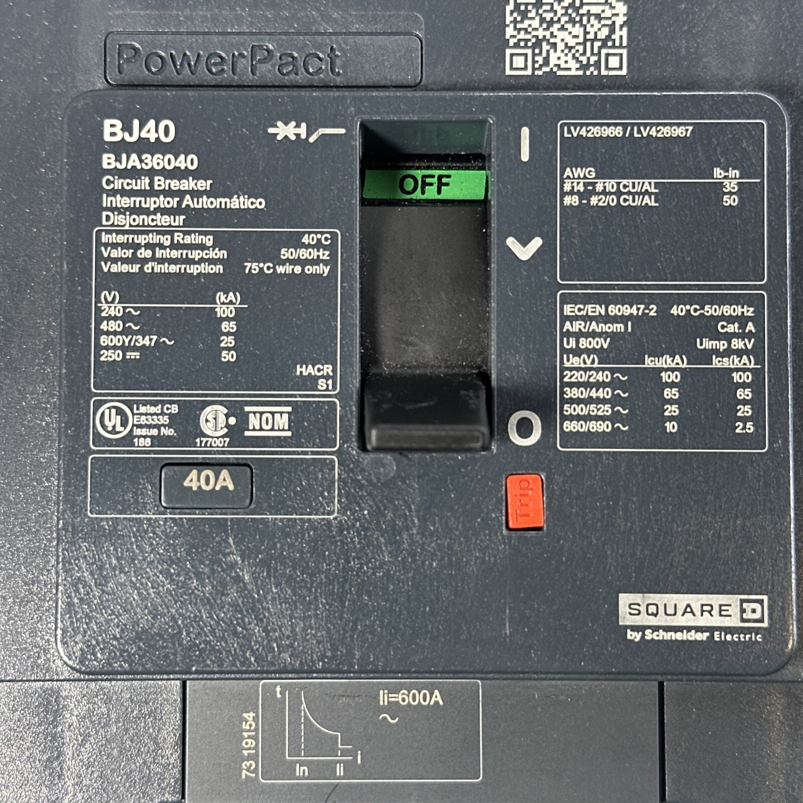 Square D BJA36040 40 Amp 600V 3 Pole BJ Circuit Breaker-Warranty (Ship Same Day)