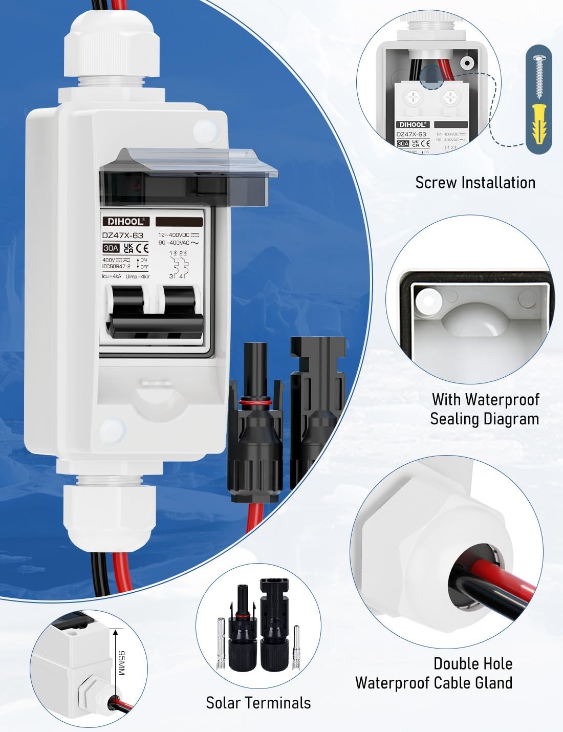 Solar Panel Disconnect Switch, Non Polarized DC Circuit Breaker, 30 Amp, 2 Po