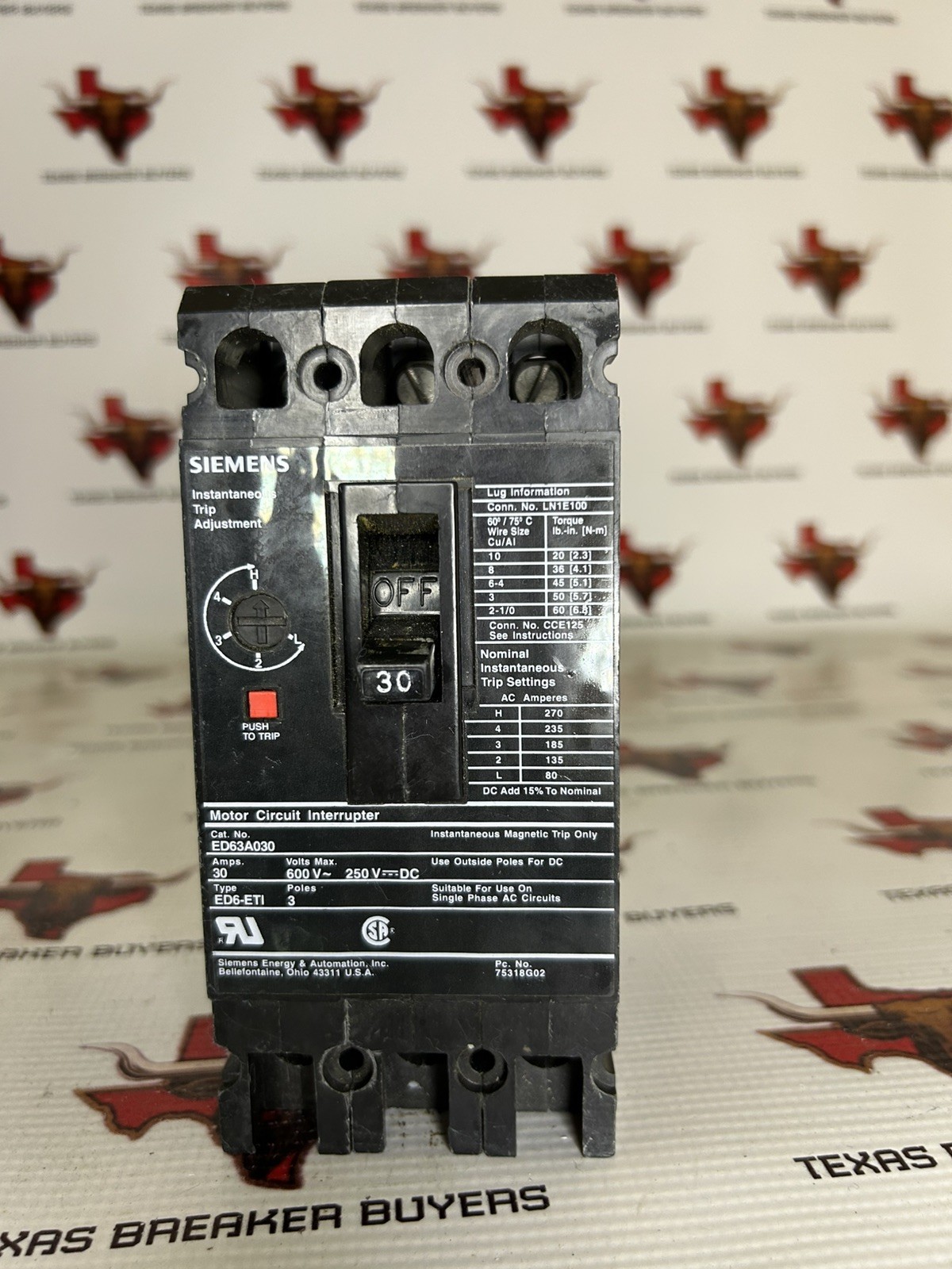 Siemens ED63A030 Circuit Breaker 600 Volt 30 Amp Instant Trip Adjustment Used