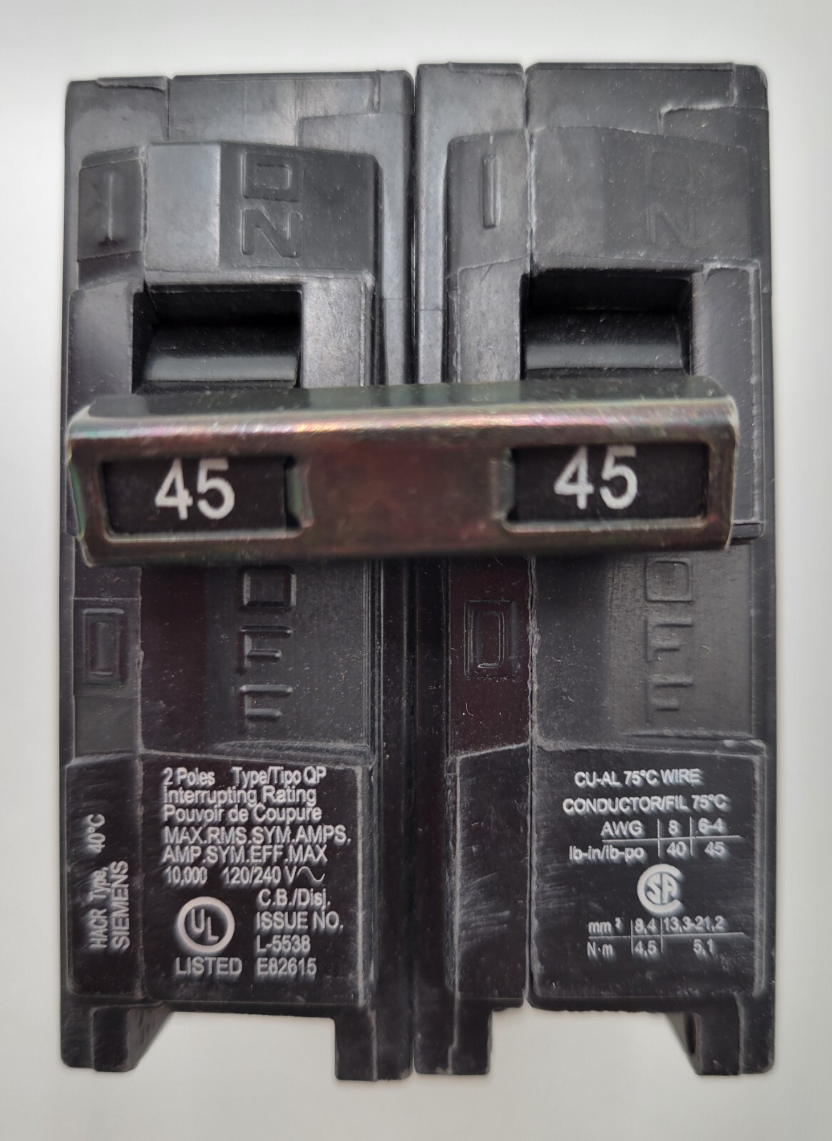 Siemens Q245 Plug-In Circuit Breaker 45A 120/240VAC 2P 1PH Type QP 45 Amp 2 Pole