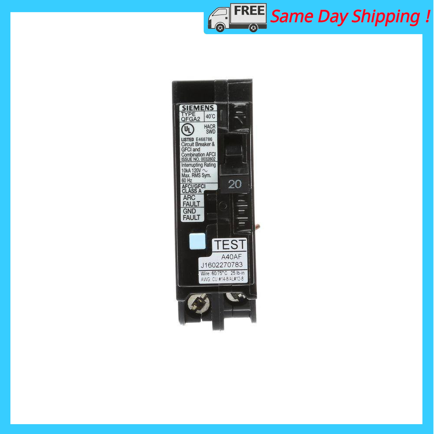Siemens Dual Function Circuit Breaker Afci/Gfci 20 Amp Q120DF