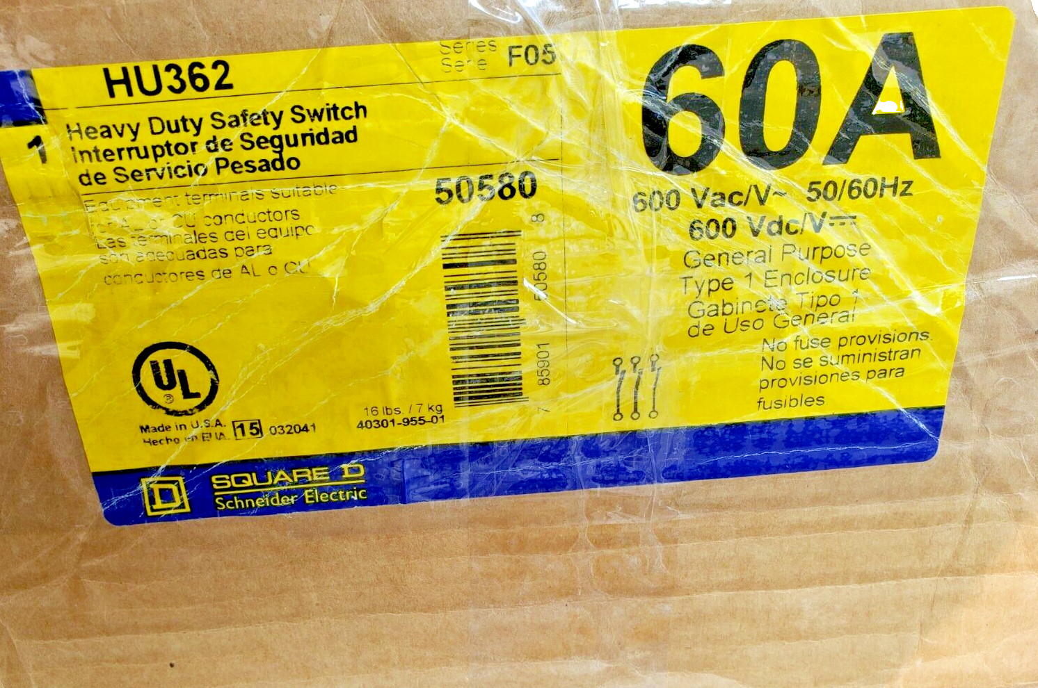 SQUARE D HU362 DISCONNECT SWITCH 60 AMP Non-Fused 600VAC (BRAND NEW)