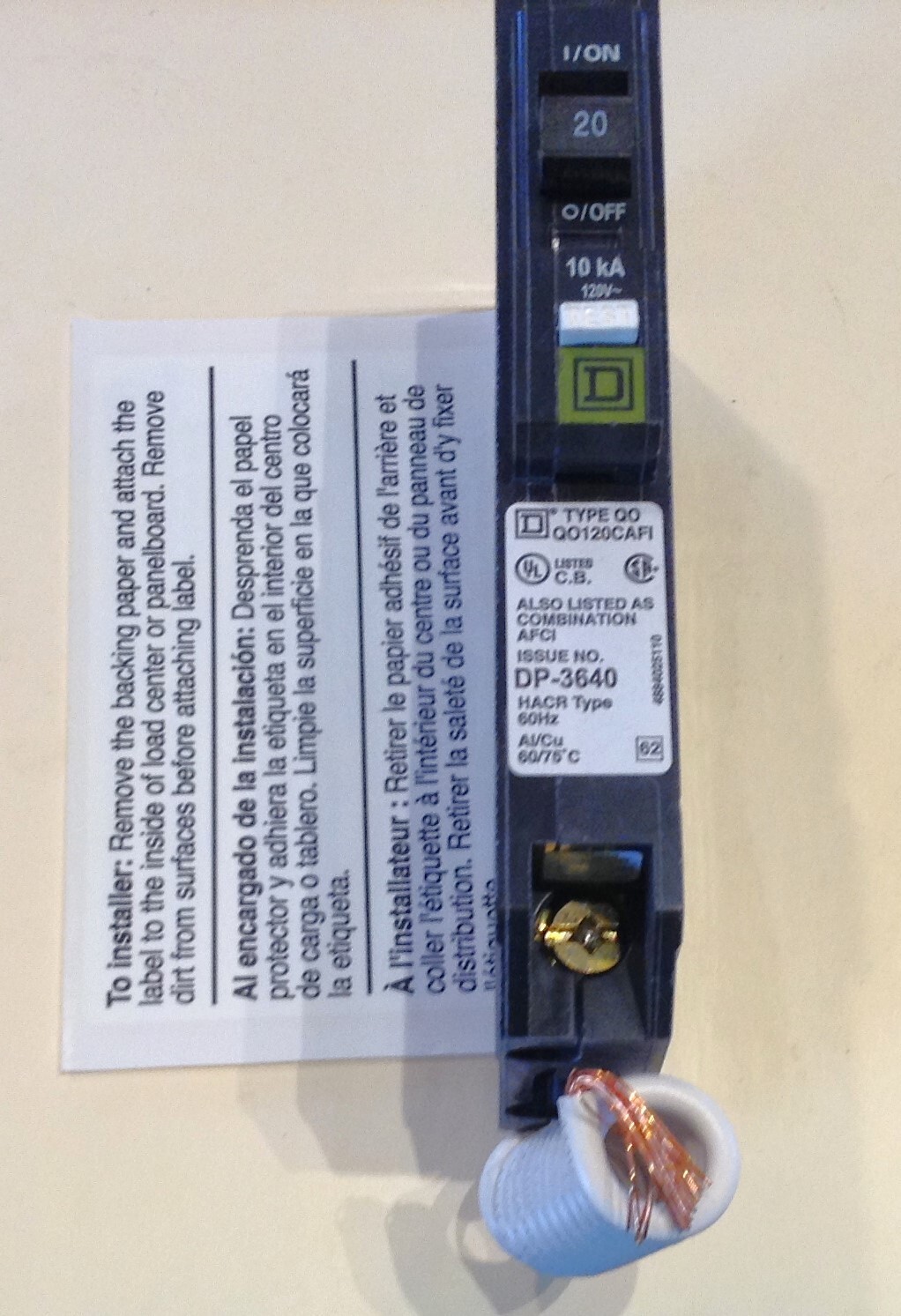 Square D QO120PCAFI Arc Fault Interrupter Circuit Breaker 20 Amp 1 Pole 120 Volt