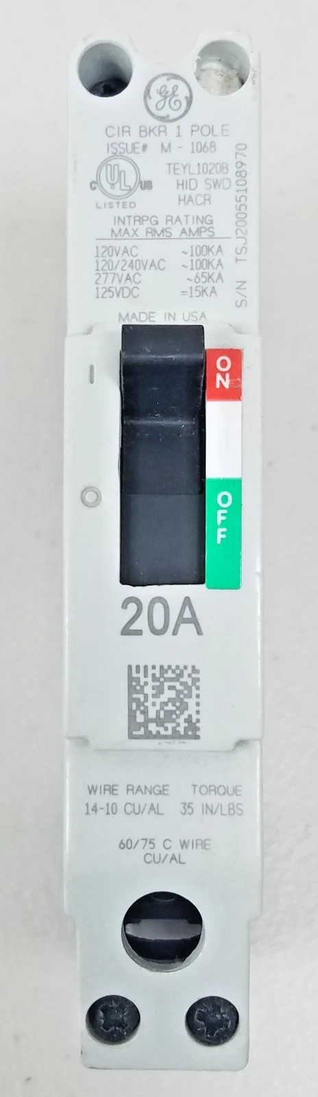 NEW GE TEYL1020B 20A 120/240V Single Pole Circuit Breaker NEW Open Box