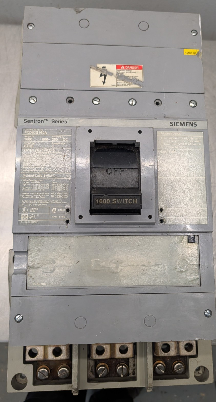 Siemens PXD63S160A 1600 Amp Sentron Molded Case Switch Breaker MB9301 PD/RD