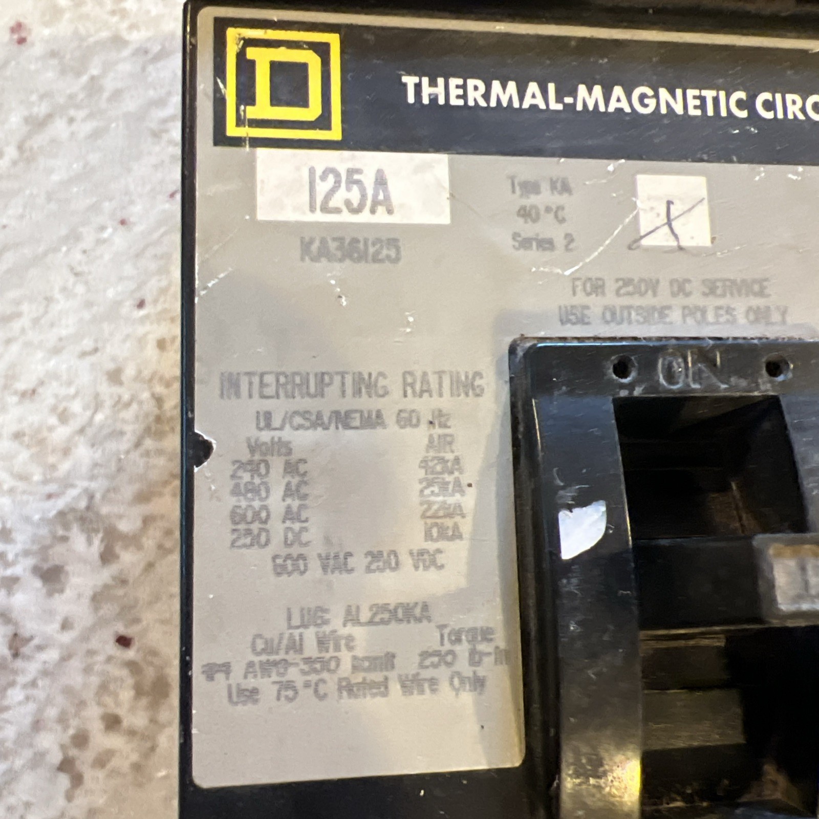 SQUARE D I-LINE CIRCUIT BREAKER KA36125 125 AMP 600 VOLT 3-POLE *SEE PICTURES*