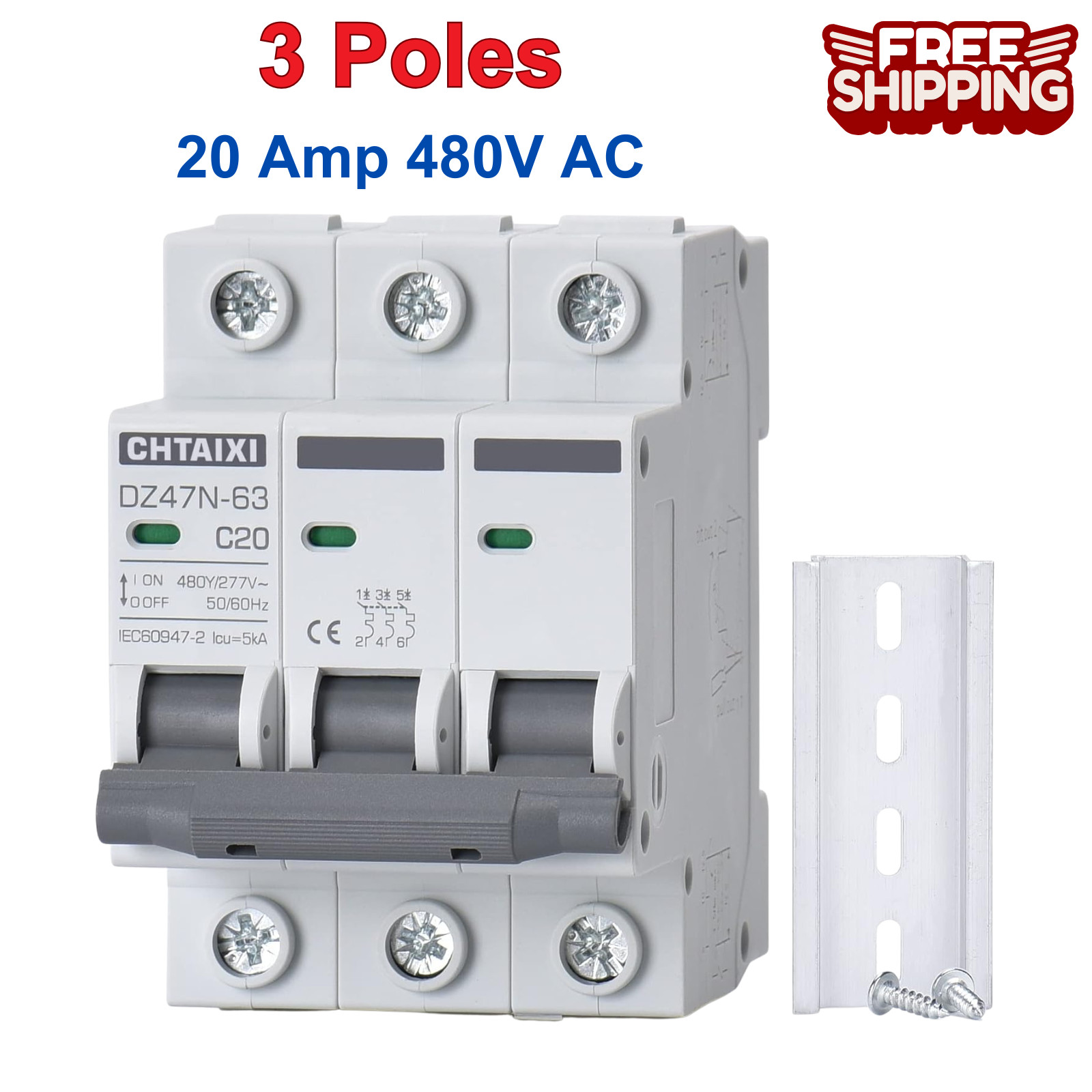 3 Pole DIN Rail Mount Circuit Breaker, 20 Amp 480V AC Miniature Circuit Breaker
