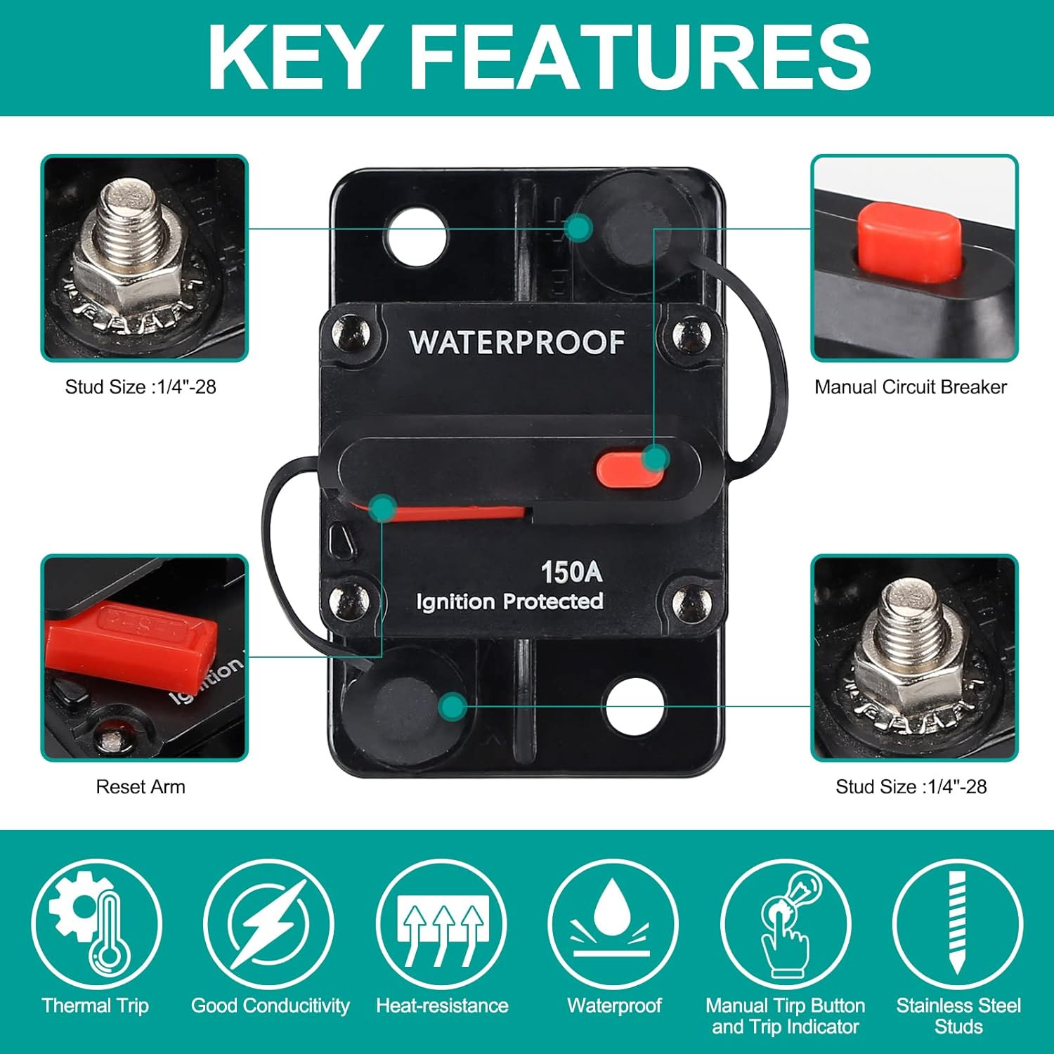 150 Amp Waterproof Circuit Breaker,With Manual Reset,12V-48V DC, for Car Marine