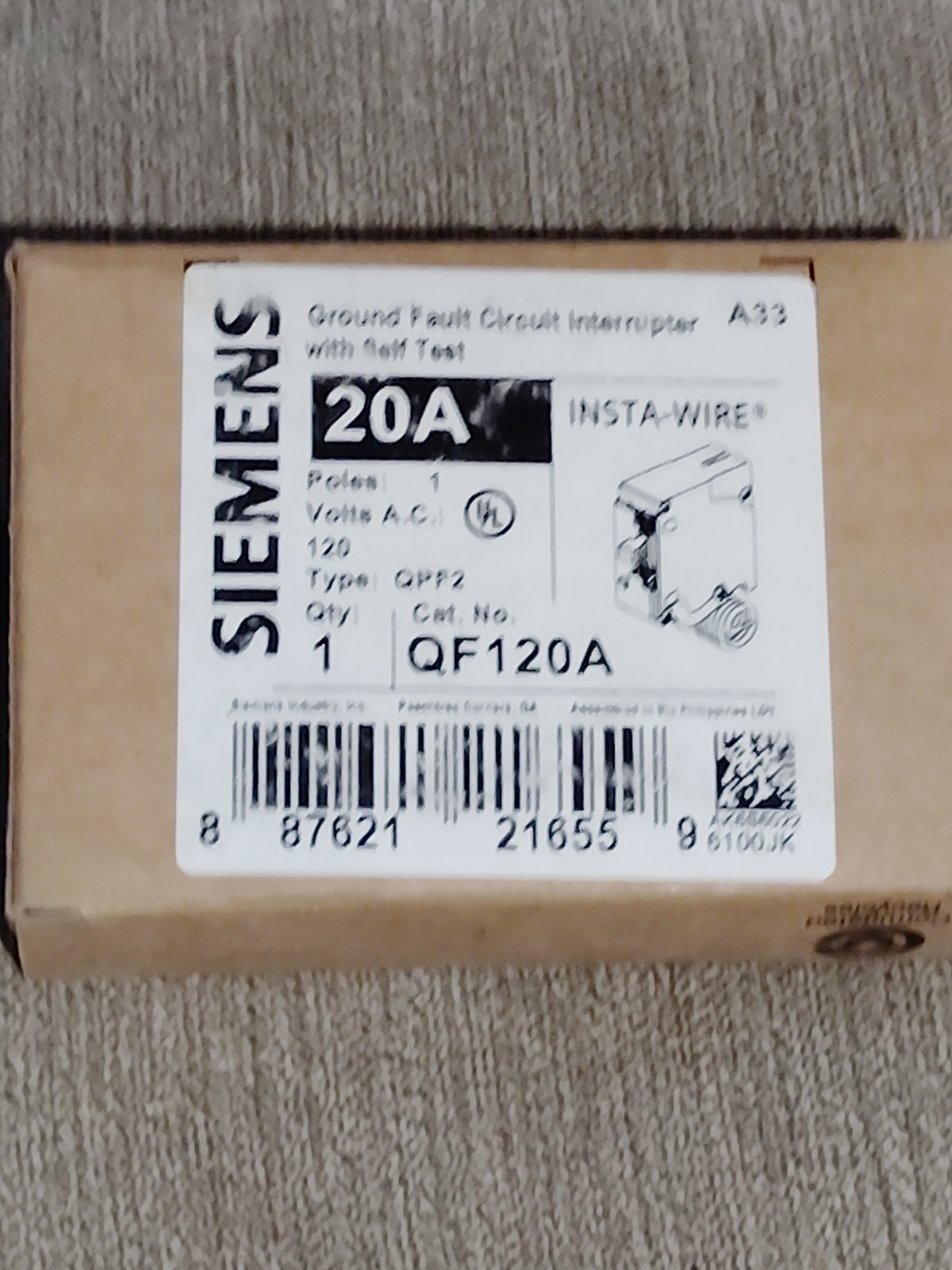 Seimens QF120A Circuit Breaker 20A 120V 1P 1PH GFI 60Hz Self Test. New In Box